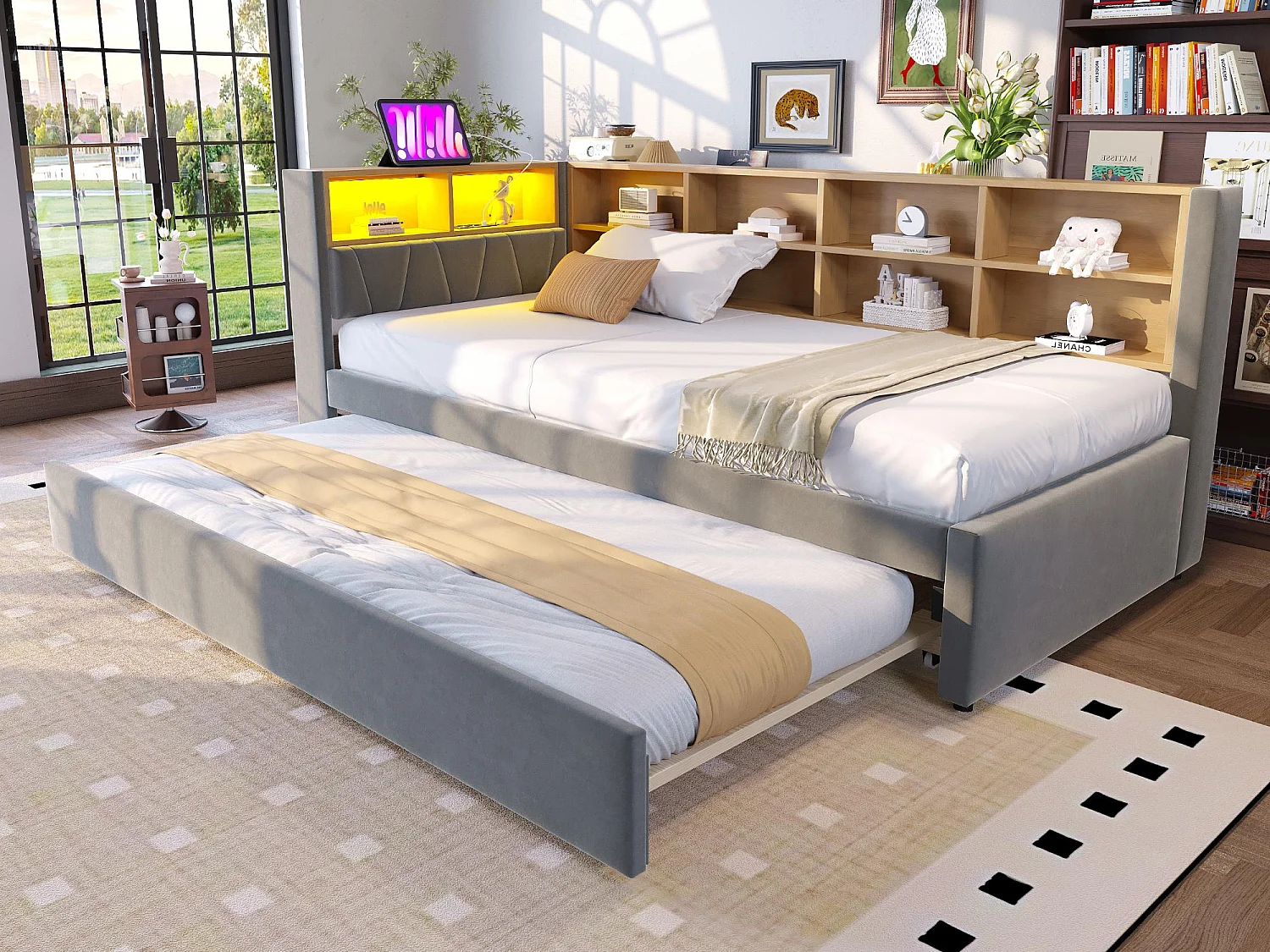 Canapé-lit 90x200 cm - avec lit gigogne 90x190 cm - avec éclairage LED - prise de courant - gris foncé (matelas non inclus)