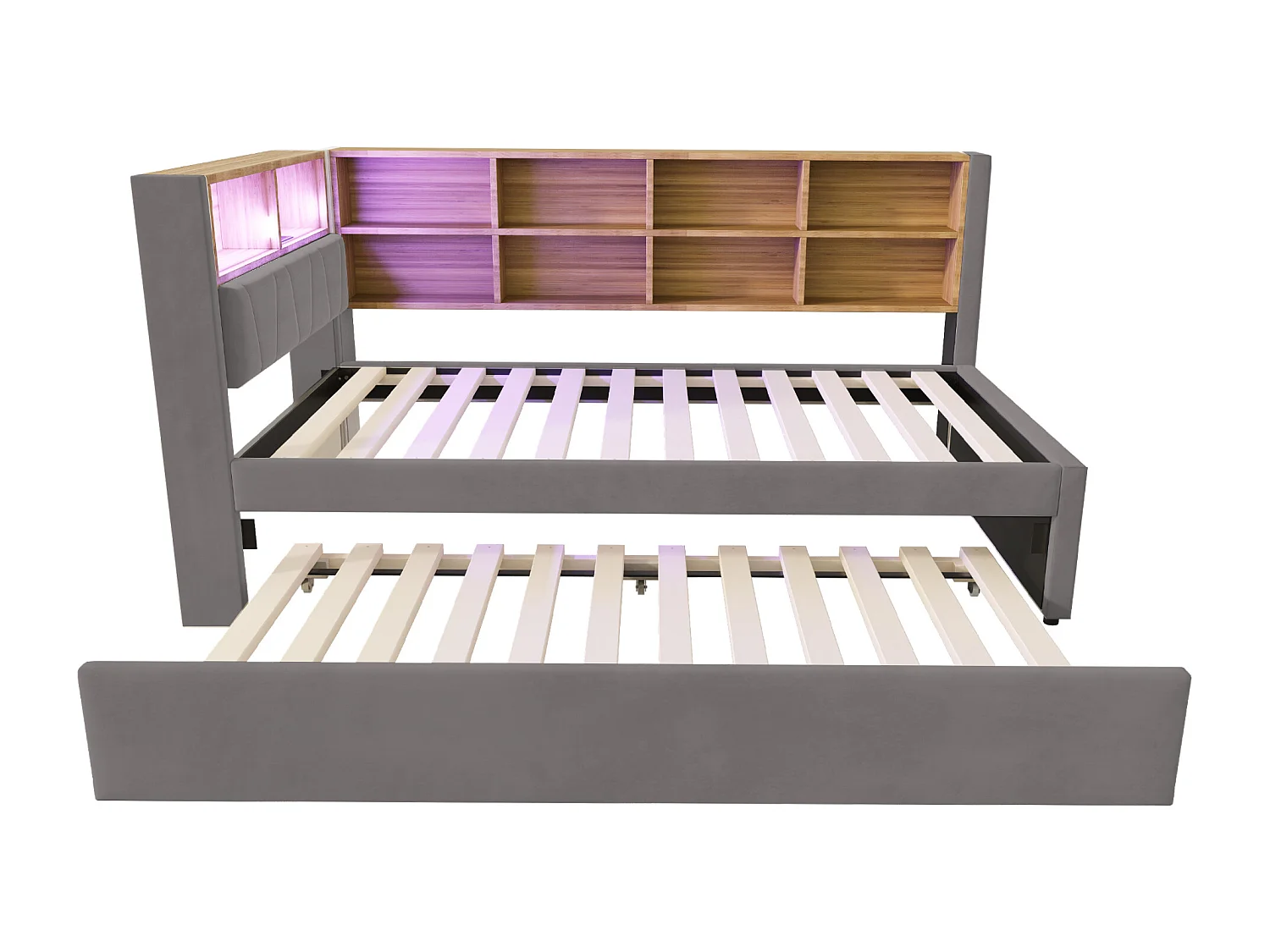 Canapé-lit 90x200 cm - avec lit gigogne 90x190 cm - avec éclairage LED - prise de courant - gris foncé (matelas non inclus)
