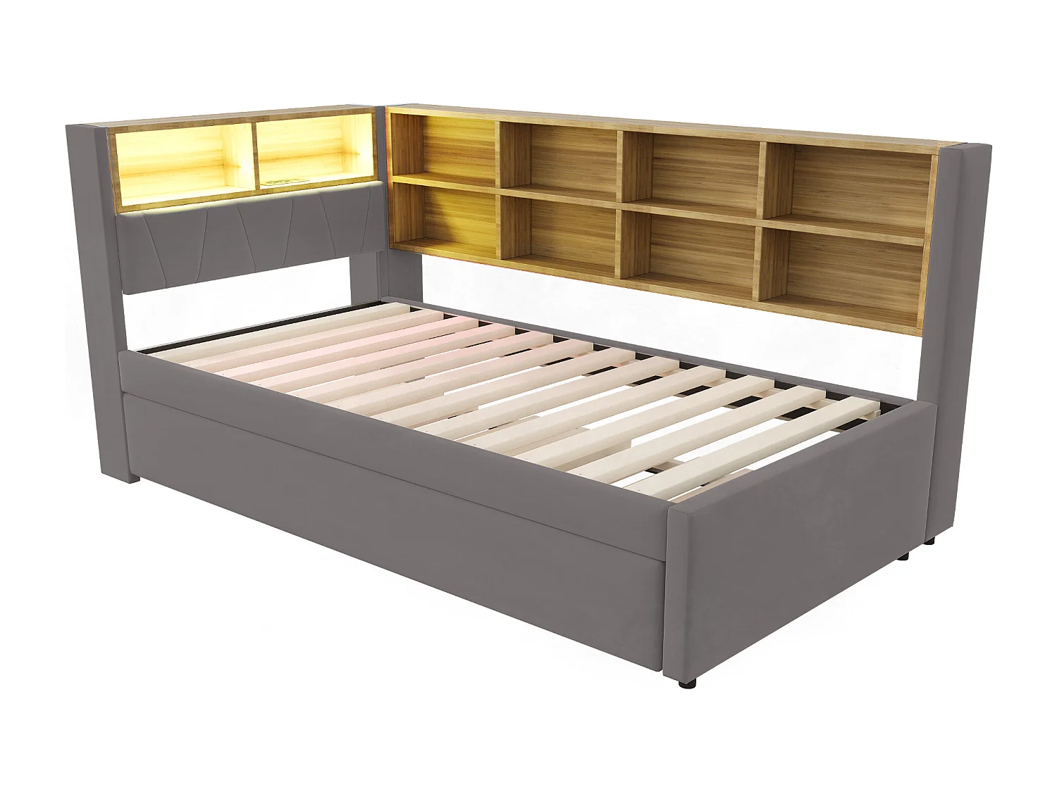 Canapé-lit 90x200 cm - avec lit gigogne 90x190 cm - avec éclairage LED - prise de courant - gris foncé (matelas non inclus)