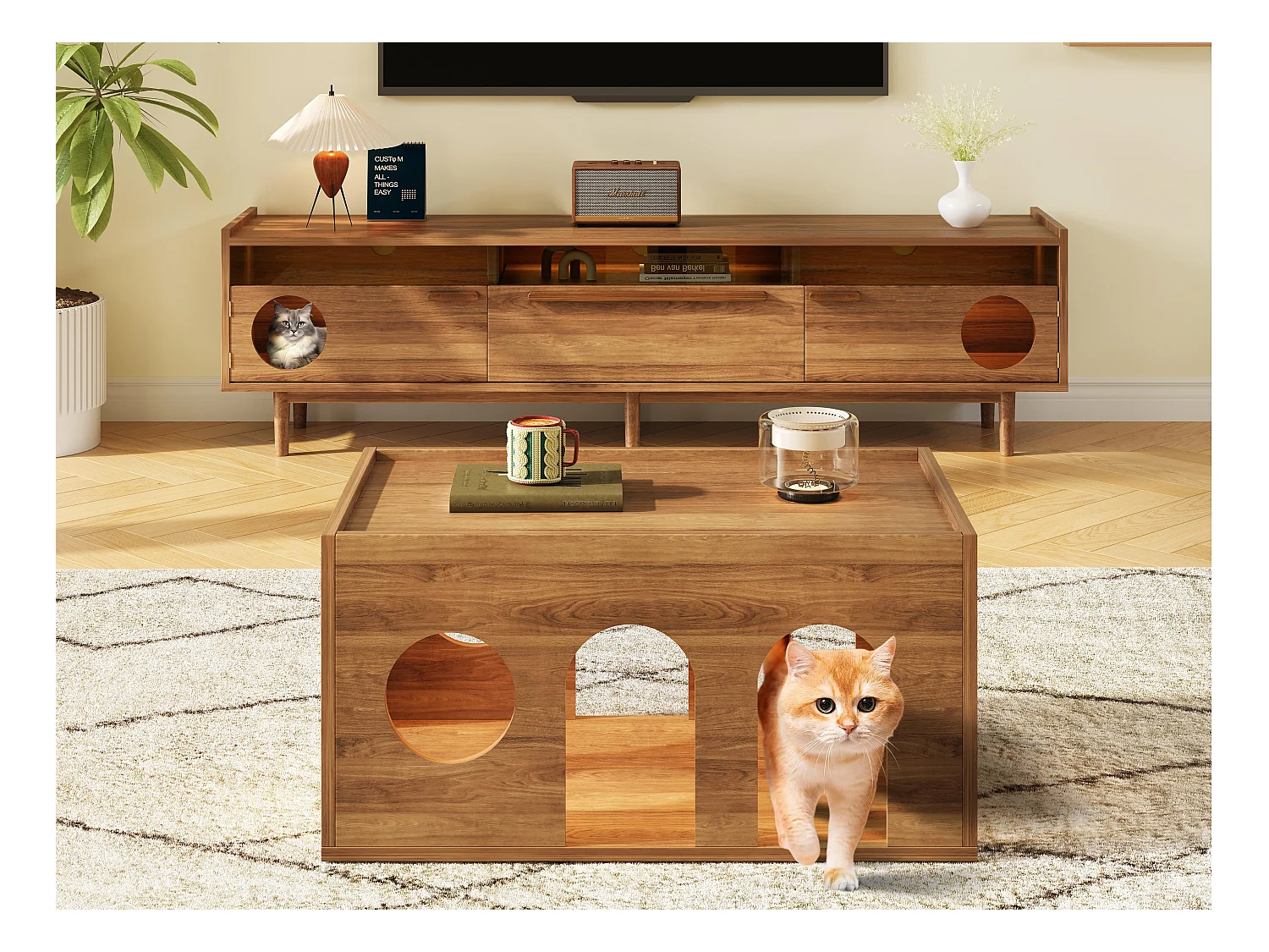 Meuble TV et table basse en deux parties - avec LED et espace de repos pour chat - avec trou pour chat - naturel