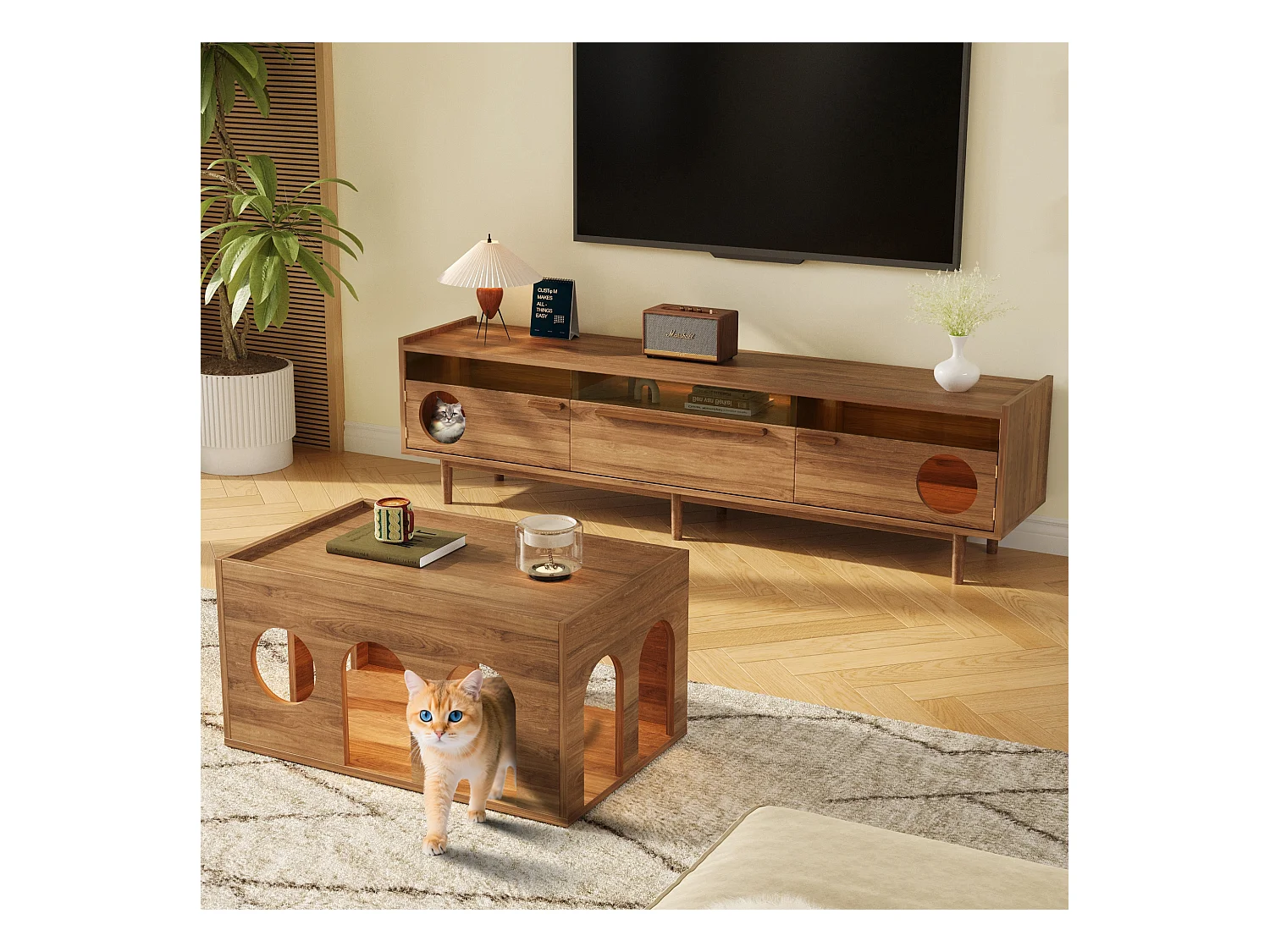 Meuble TV et table basse en deux parties - avec LED et espace de repos pour chat - avec trou pour chat - naturel