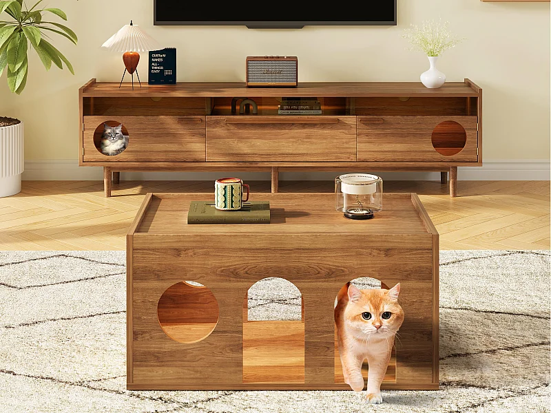 TV-Schrank und Couchtisch in zwei Teilen - mit LED und Ruhebereich für Katzen - mit Katzenloch - naturfarben