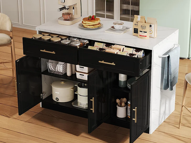 Kücheninsel - mit USB-Anschluss - mit 2 Schubladen und 3 Türen - mit Handtuchhalter - Tischplatte mit Marmoroptik - Weiß + Schwarz