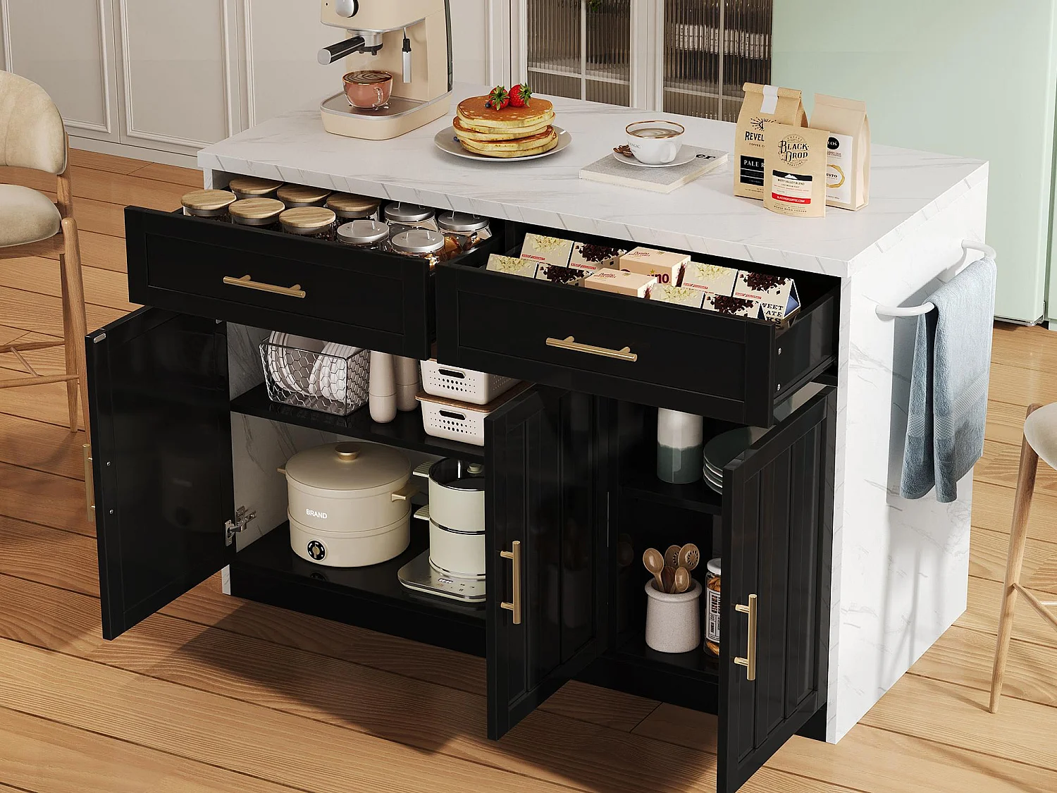 Ilot central de cuisine - avec prise USB - avec 2 tiroirs et 3 portes - avec porte-serviettes - plateau de table à manger effet marbre - Blanc + Noir