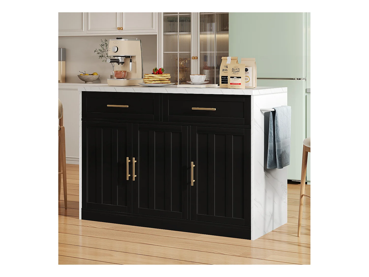 Ilot central de cuisine - avec prise USB - avec 2 tiroirs et 3 portes - avec porte-serviettes - plateau de table à manger effet marbre - Blanc + Noir