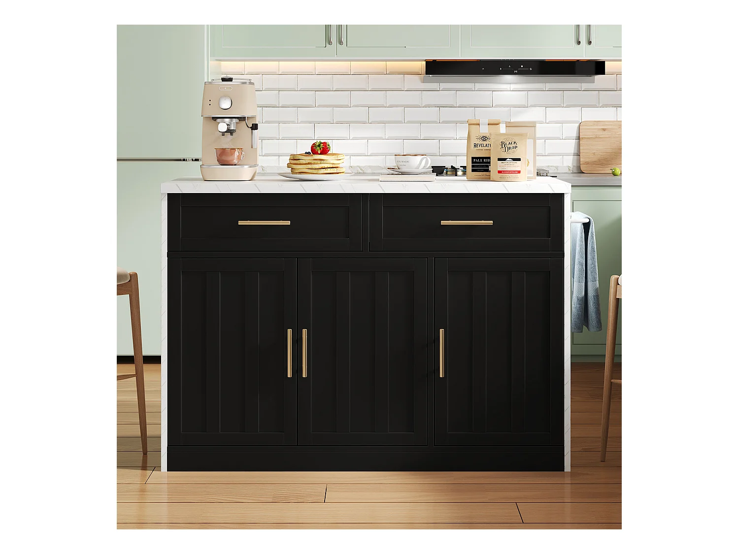 Ilot central de cuisine - avec prise USB - avec 2 tiroirs et 3 portes - avec porte-serviettes - plateau de table à manger effet marbre - Blanc + Noir