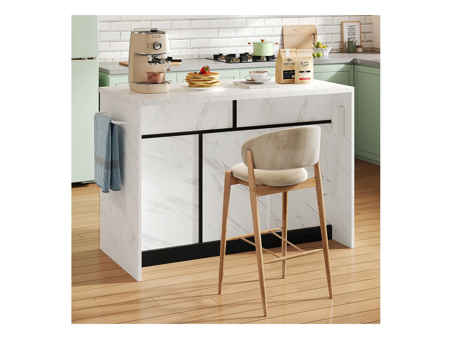 Ilot central de cuisine - avec prise USB - avec 2 tiroirs et 3 portes - avec porte-serviettes - plateau de table à manger effet marbre - Blanc + Noir