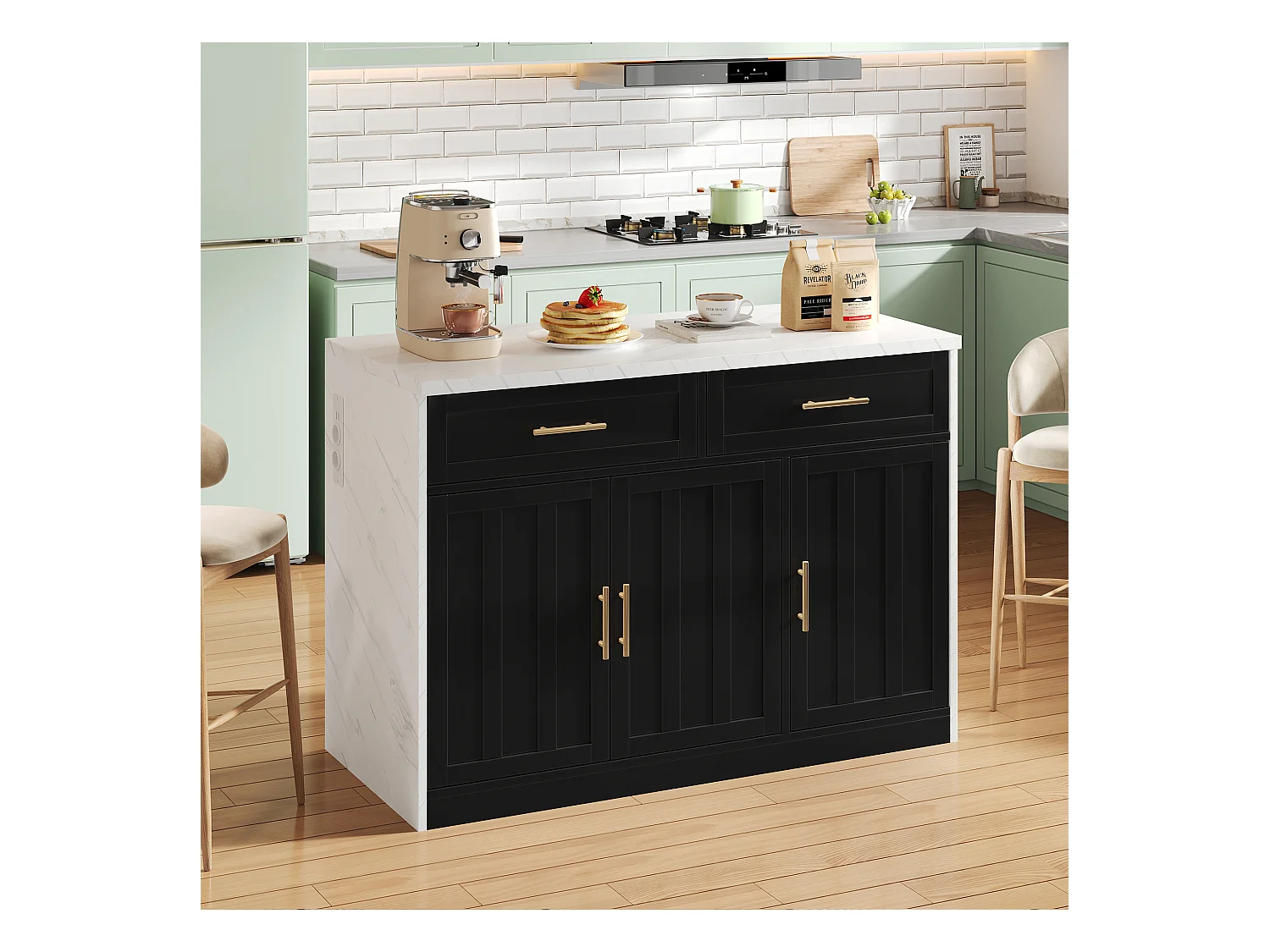 Ilot central de cuisine - avec prise USB - avec 2 tiroirs et 3 portes - avec porte-serviettes - plateau de table à manger effet marbre - Blanc + Noir