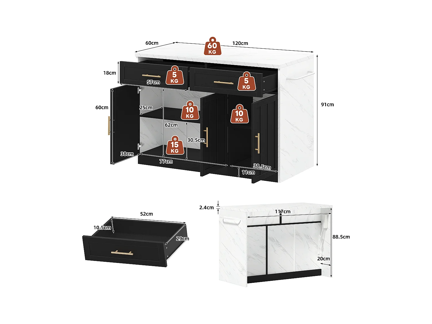Ilot central de cuisine - avec prise USB - avec 2 tiroirs et 3 portes - avec porte-serviettes - plateau de table à manger effet marbre - Blanc + Noir