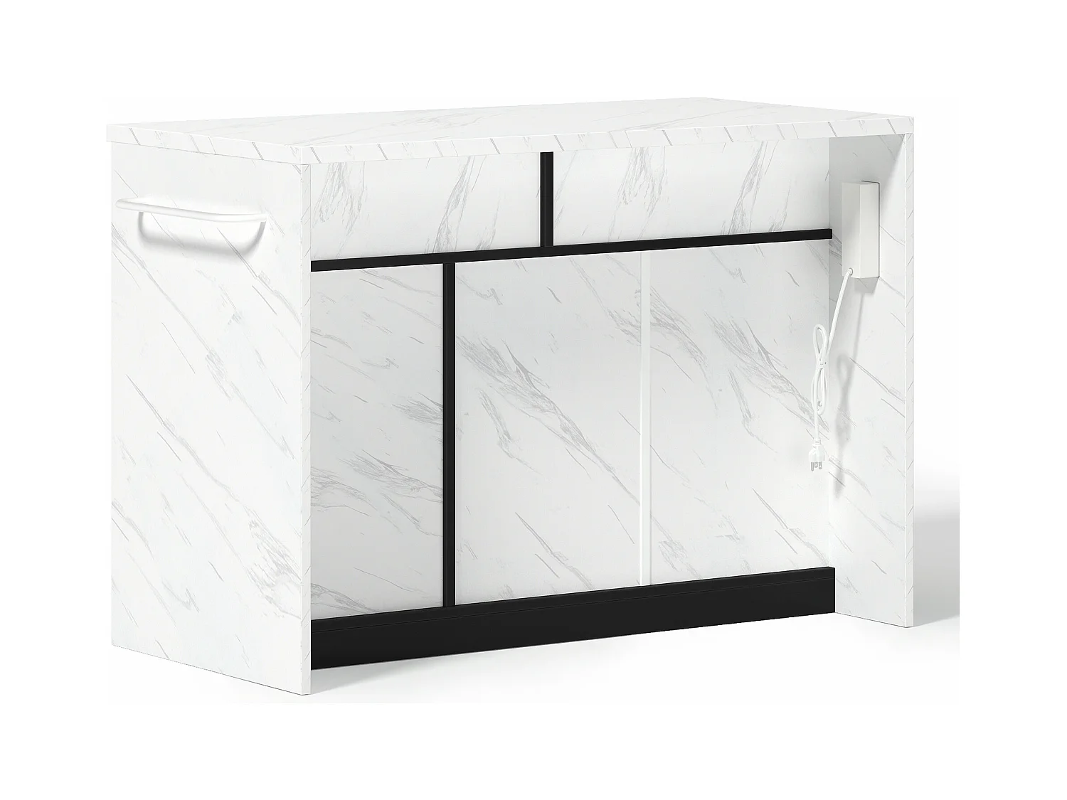 Ilot central de cuisine - avec prise USB - avec 2 tiroirs et 3 portes - avec porte-serviettes - plateau de table à manger effet marbre - Blanc + Noir