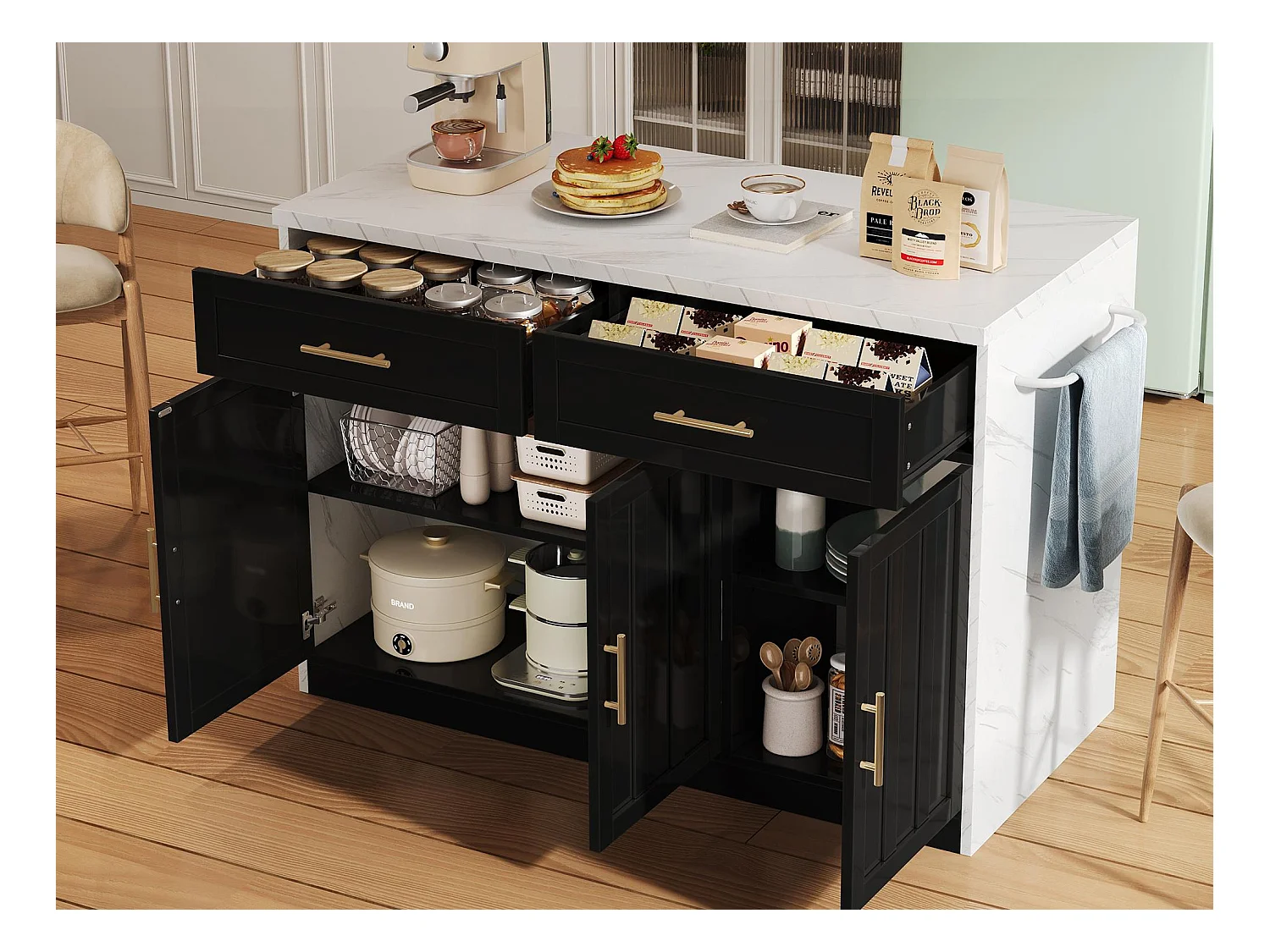 Ilot central de cuisine - avec prise USB - avec 2 tiroirs et 3 portes - avec porte-serviettes - plateau de table à manger effet marbre - Blanc + Noir