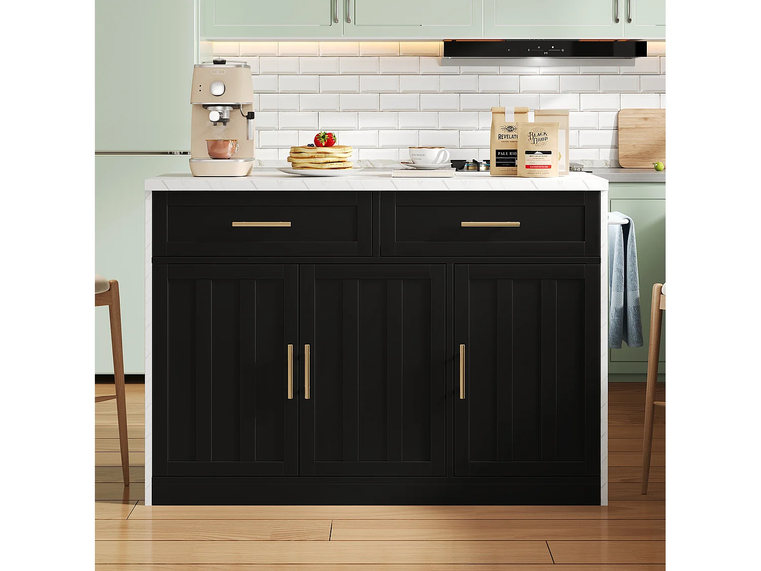 Ilot central de cuisine - avec prise USB - avec 2 tiroirs et 3 portes - avec porte-serviettes - plateau de table à manger effet marbre - Blanc + Noir