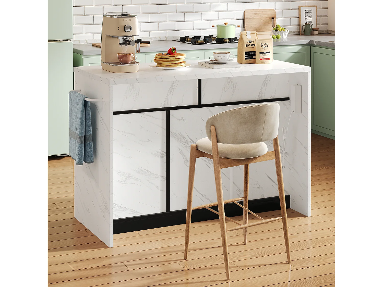 Ilot central de cuisine - avec prise USB - avec 2 tiroirs et 3 portes - avec porte-serviettes - plateau de table à manger effet marbre - Blanc + Noir