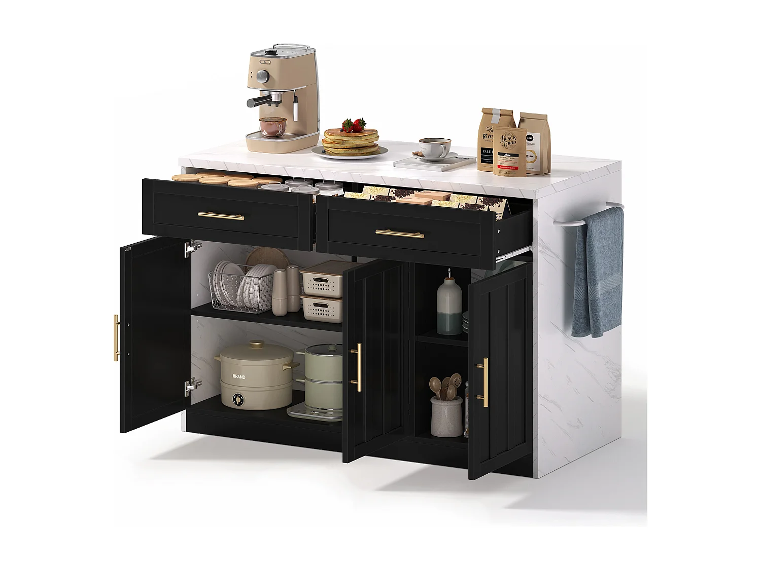 Ilot central de cuisine - avec prise USB - avec 2 tiroirs et 3 portes - avec porte-serviettes - plateau de table à manger effet marbre - Blanc + Noir