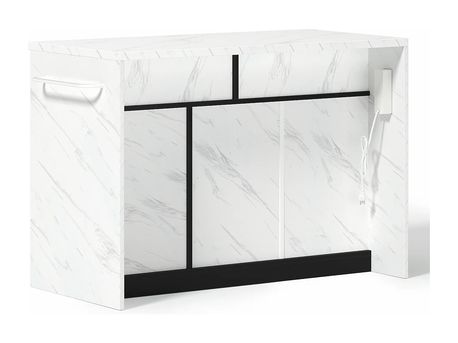 Ilot central de cuisine - avec prise USB - avec 2 tiroirs et 3 portes - avec porte-serviettes - plateau de table à manger effet marbre - Blanc + Noir