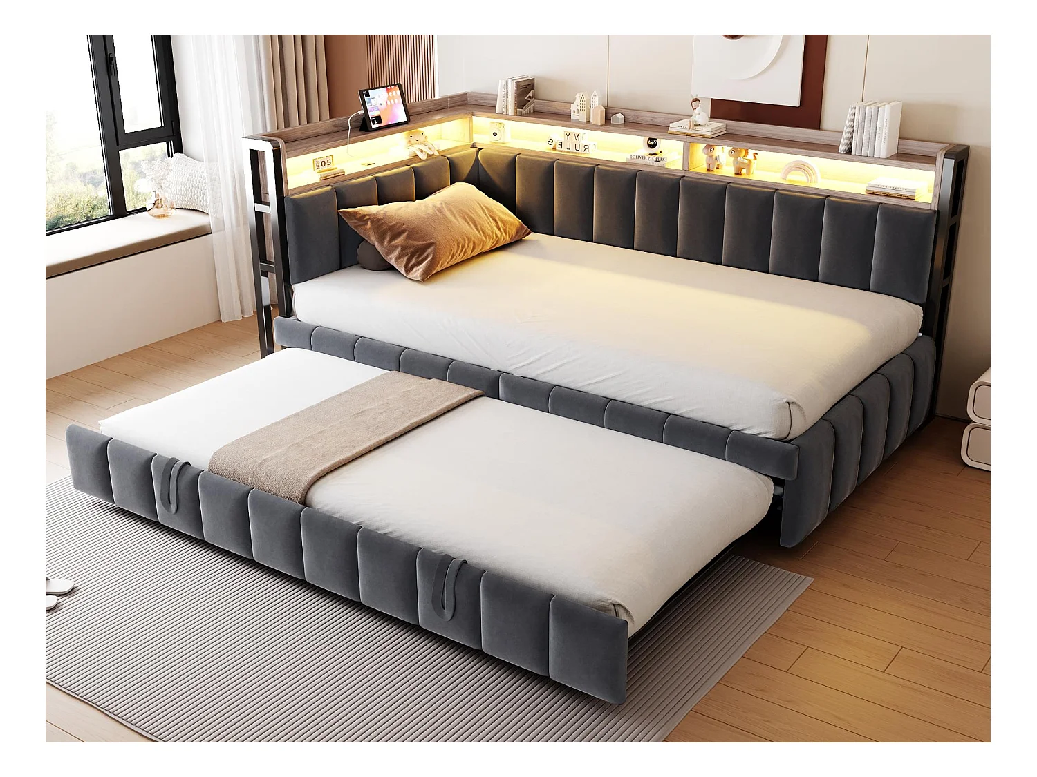 Canapé-lit rembourré 90x200 cm - avec lit gigogne - éclairage LED - ports USB et Type-C - gris foncé (matelas non inclus)