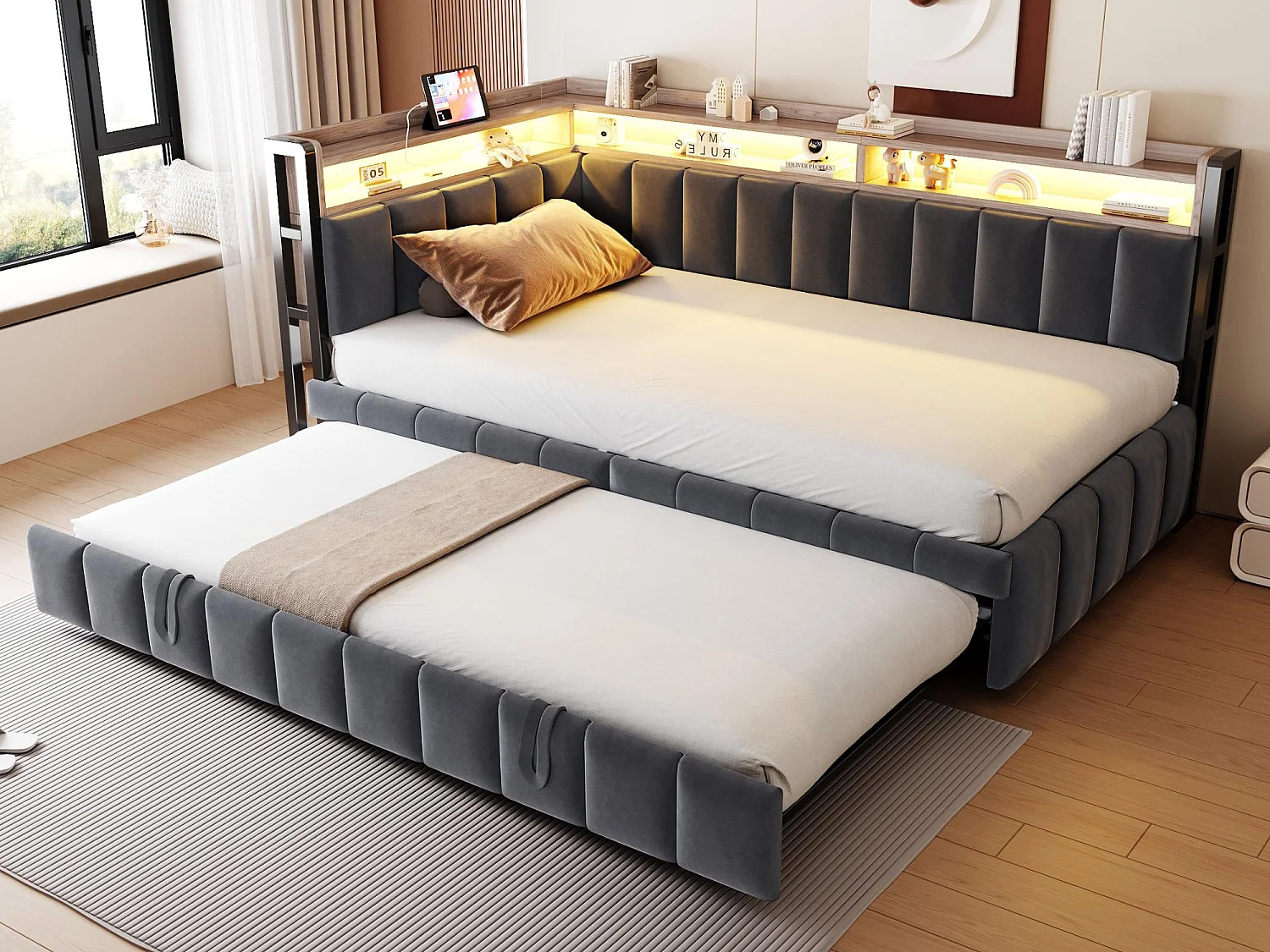 Upholstered sofa bed 90x200 cm - with pull-out bed - LED lighting - USB and Type-C ports - dark grey (mattress not included)