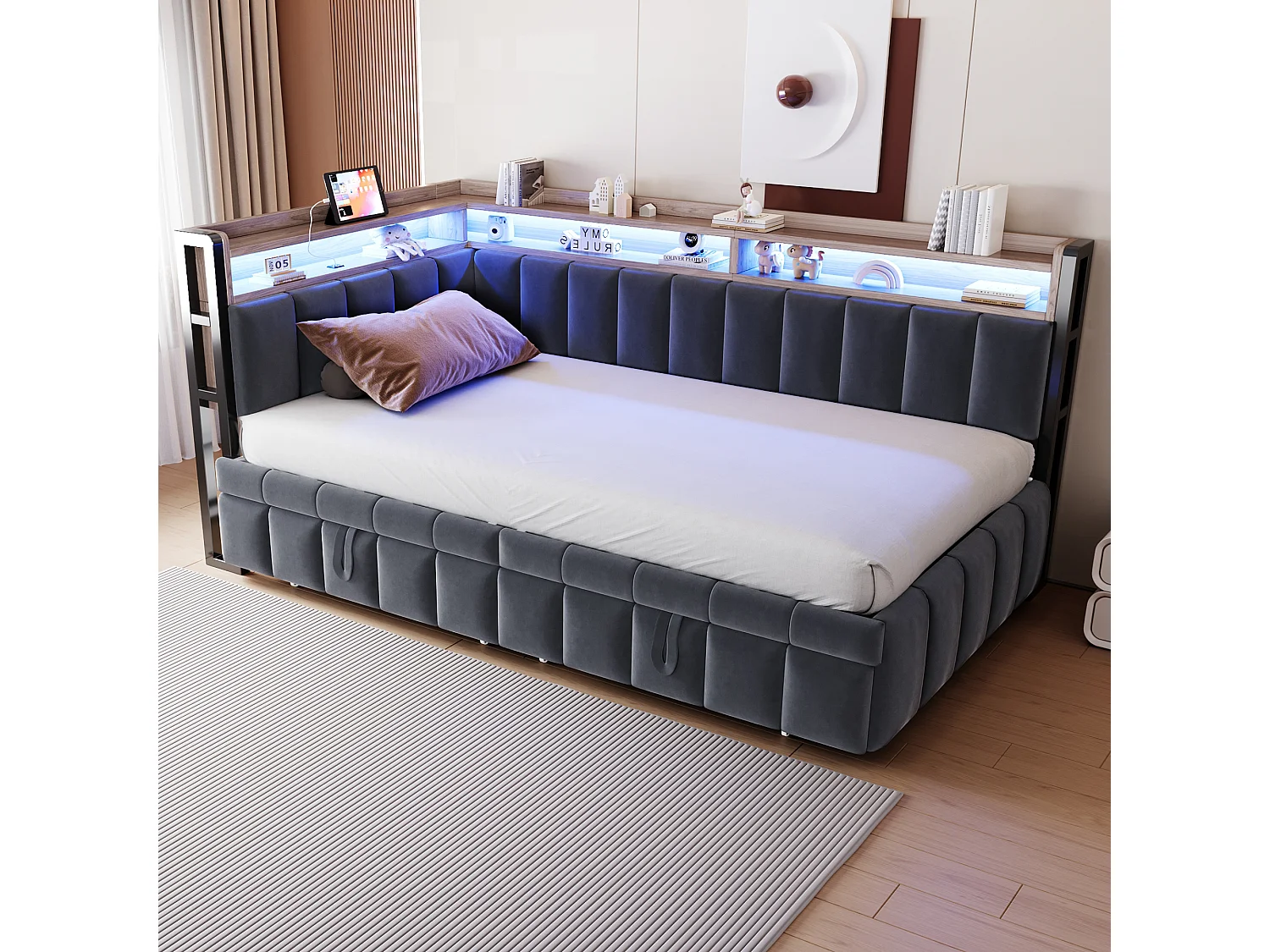 Upholstered sofa bed 90x200 cm - with pull-out bed - LED lighting - USB and Type-C ports - dark grey (mattress not included)
