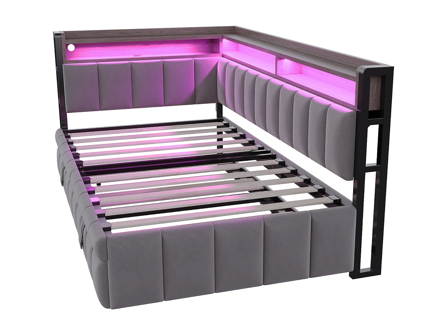 Upholstered sofa bed 90x200 cm - with pull-out bed - LED lighting - USB and Type-C ports - dark grey (mattress not included)