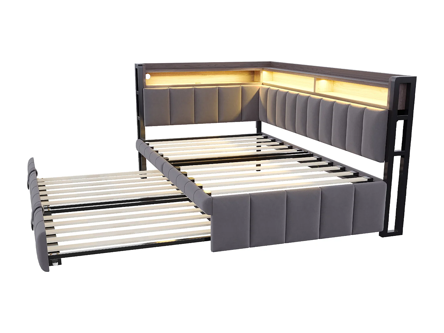 Upholstered sofa bed 90x200 cm - with pull-out bed - LED lighting - USB and Type-C ports - dark grey (mattress not included)