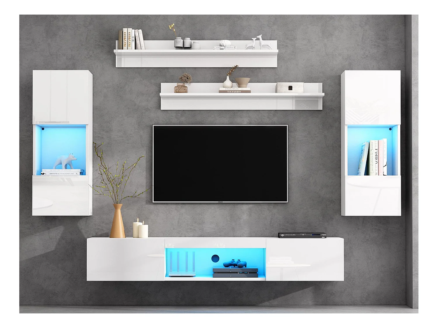 Ensemble meuble TV 5 pièces - Meuble TV + 2 meubles muraux + 2 étagères murales - avec éclairage LED - Haute brillance - Blanc