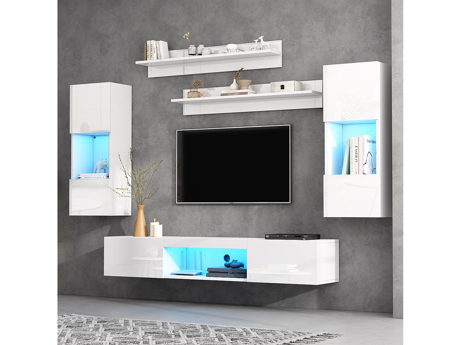 Ensemble meuble TV 5 pièces - Meuble TV + 2 meubles muraux + 2 étagères murales - avec éclairage LED - Haute brillance - Blanc