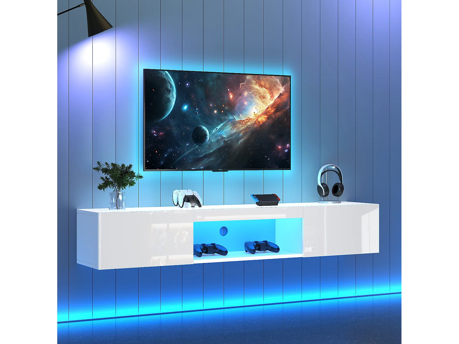 Ensemble meuble TV 5 pièces - Meuble TV + 2 meubles muraux + 2 étagères murales - avec éclairage LED - Haute brillance - Blanc