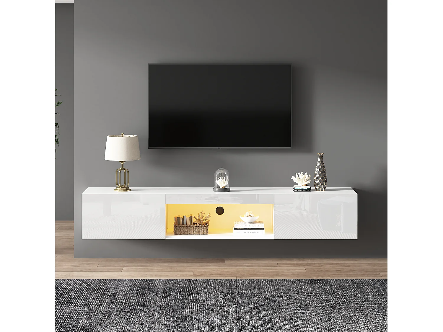 Ensemble meuble TV 5 pièces - Meuble TV + 2 meubles muraux + 2 étagères murales - avec éclairage LED - Haute brillance - Blanc