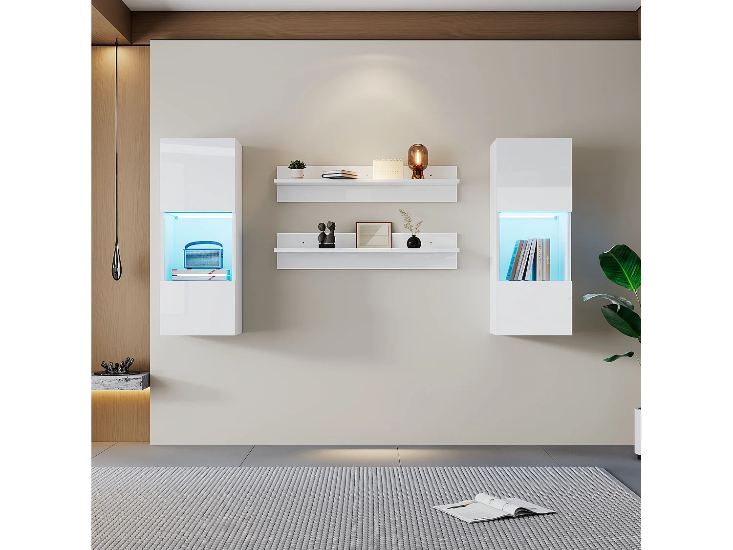 Ensemble meuble TV 5 pièces - Meuble TV + 2 meubles muraux + 2 étagères murales - avec éclairage LED - Haute brillance - Blanc