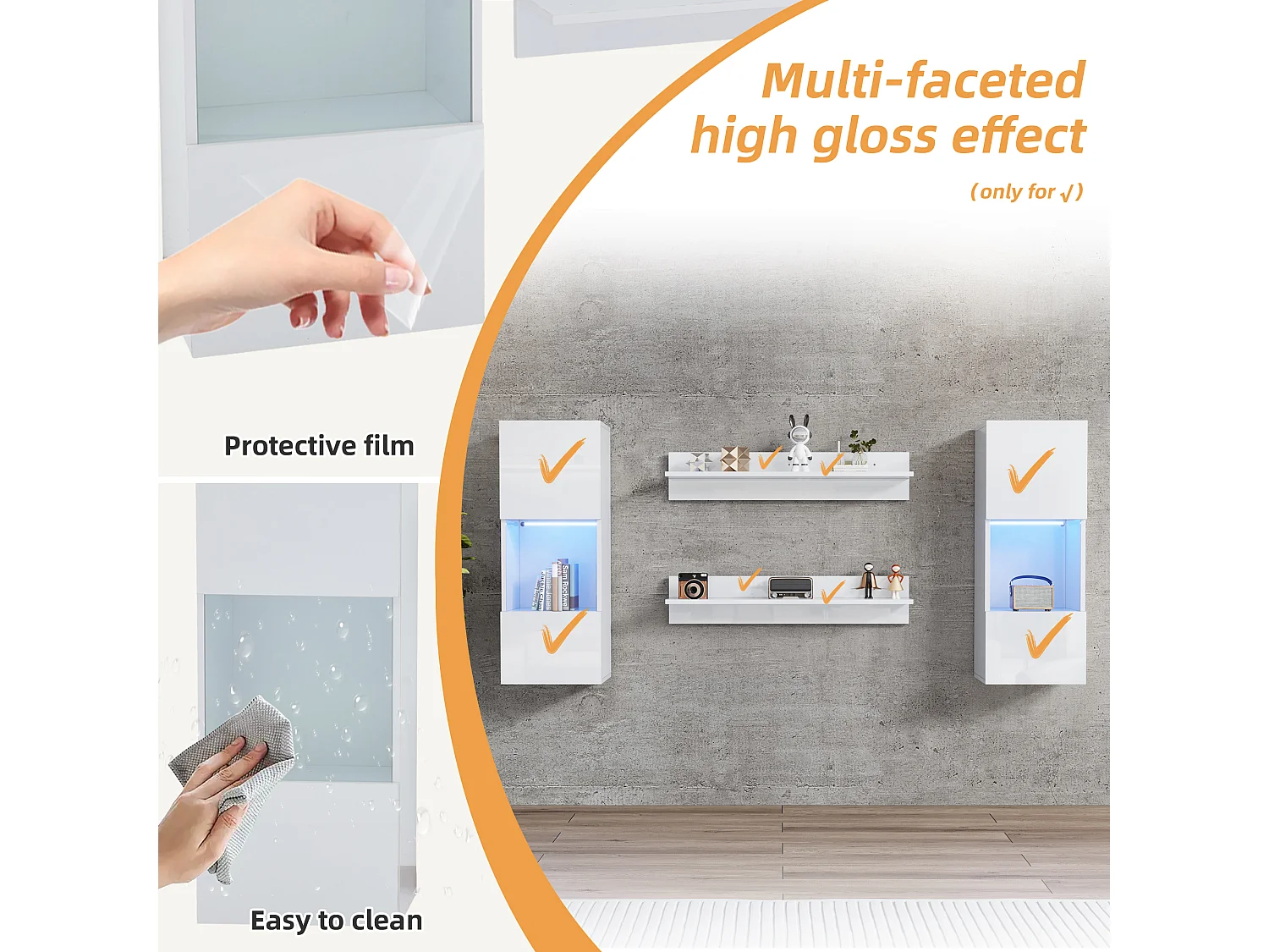 Ensemble meuble TV 5 pièces - Meuble TV + 2 meubles muraux + 2 étagères murales - avec éclairage LED - Haute brillance - Blanc