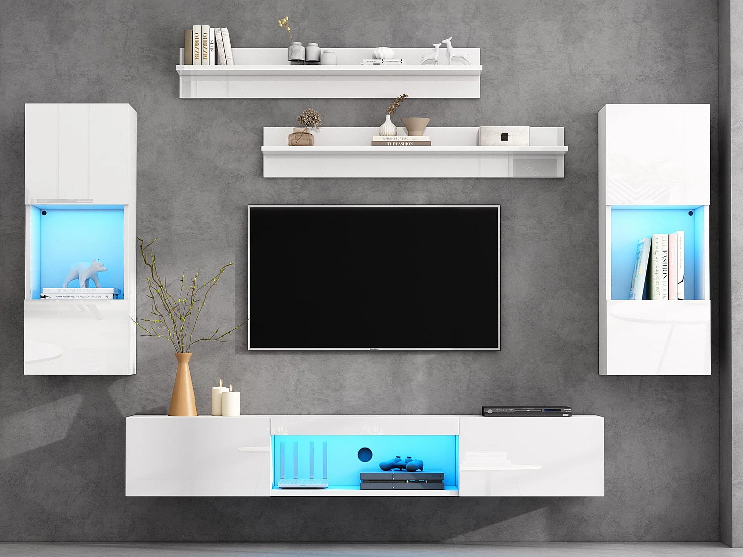 Ensemble meuble TV 5 pièces - Meuble TV + 2 meubles muraux + 2 étagères murales - avec éclairage LED - Haute brillance - Blanc