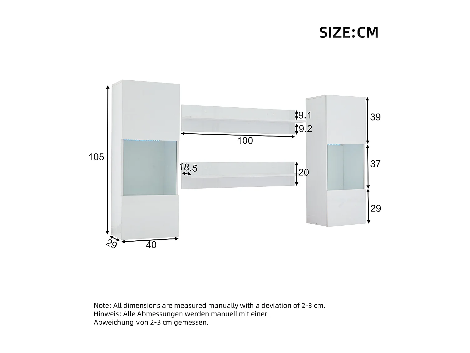 Ensemble meuble TV 5 pièces - Meuble TV + 2 meubles muraux + 2 étagères murales - avec éclairage LED - Haute brillance - Blanc