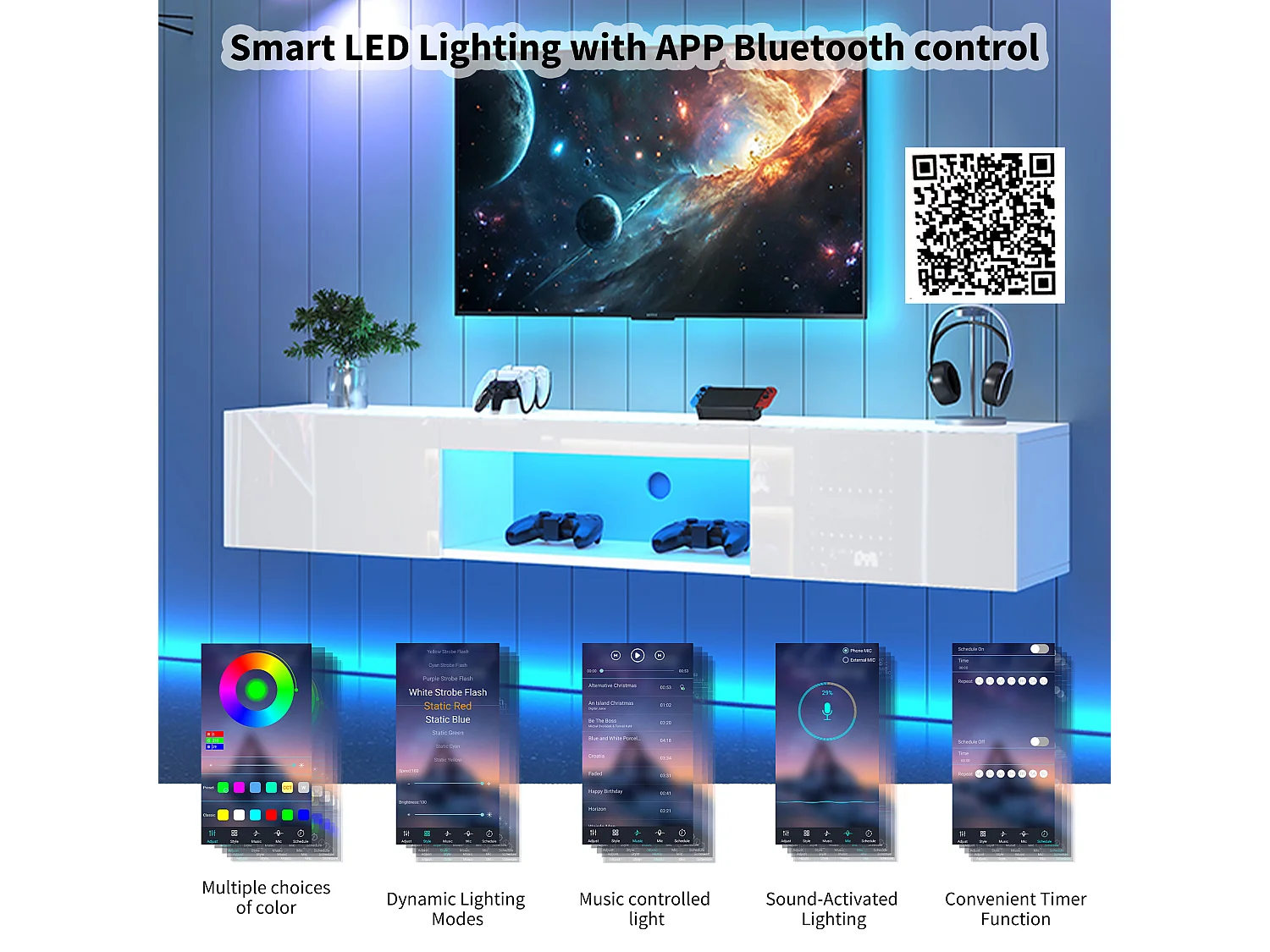 Ensemble meuble TV 5 pièces - Meuble TV + 2 meubles muraux + 2 étagères murales - avec éclairage LED - Haute brillance - Blanc