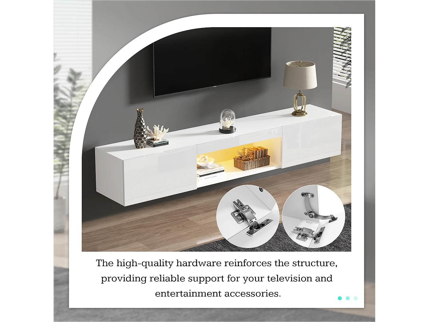 Ensemble meuble TV 5 pièces - Meuble TV + 2 meubles muraux + 2 étagères murales - avec éclairage LED - Haute brillance - Blanc