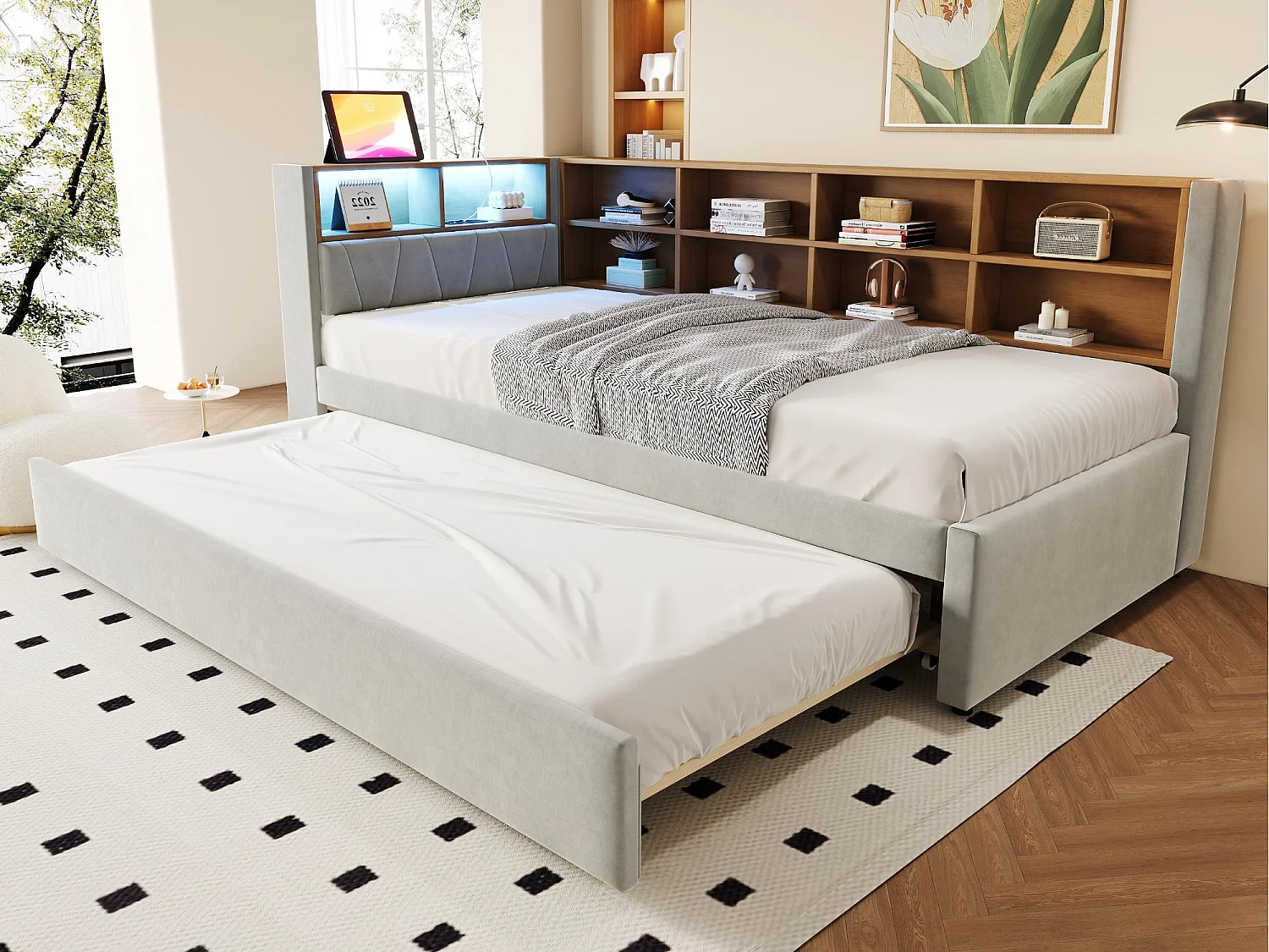 Canapé-lit 90x200 cm - avec lit gigogne 90x190 cm - avec éclairage LED - prise de courant - gris clair (matelas non inclus)