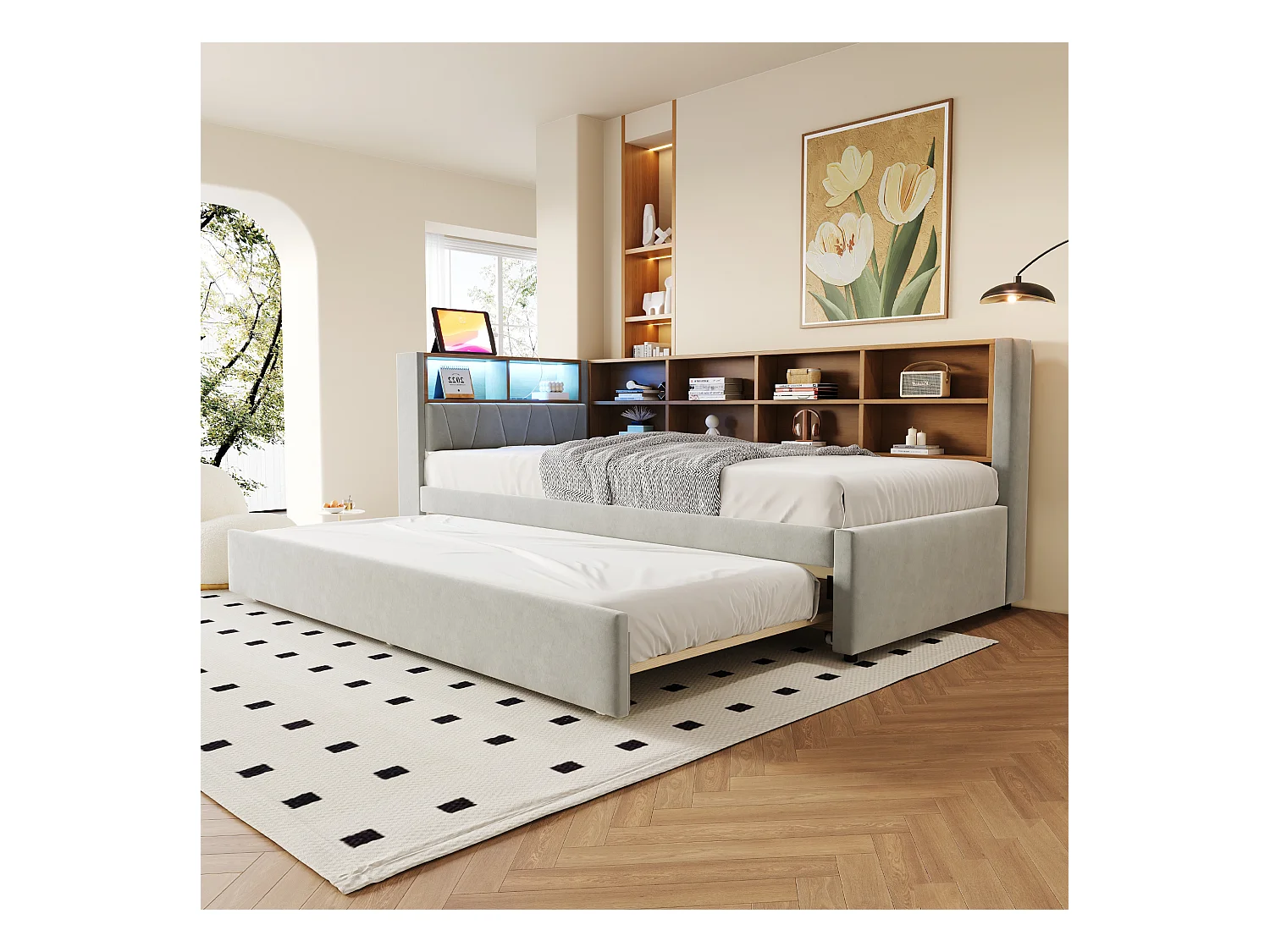 Canapé-lit 90x200 cm - avec lit gigogne 90x190 cm - avec éclairage LED - prise de courant - gris clair (matelas non inclus)