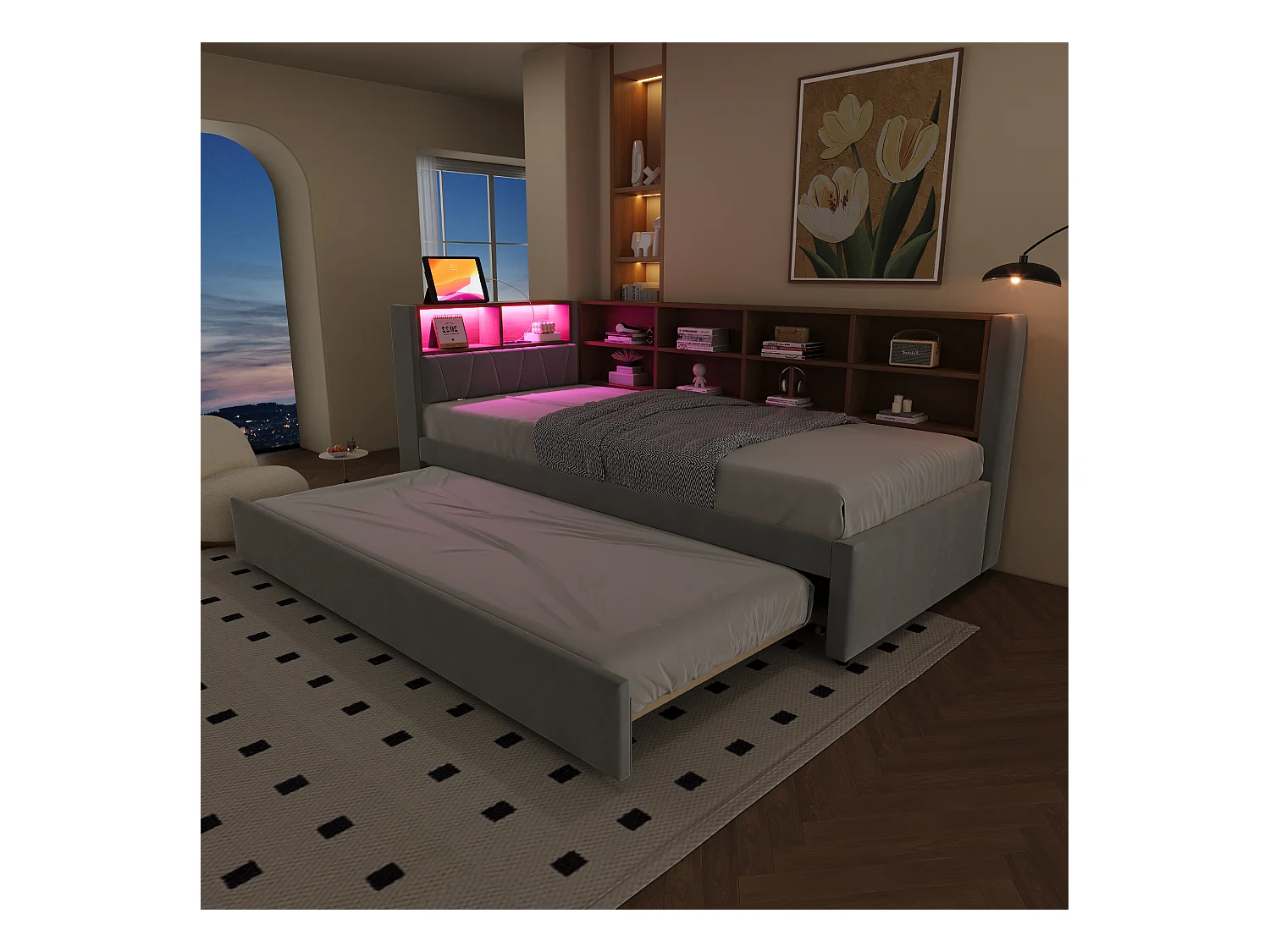 Canapé-lit 90x200 cm - avec lit gigogne 90x190 cm - avec éclairage LED - prise de courant - gris clair (matelas non inclus)