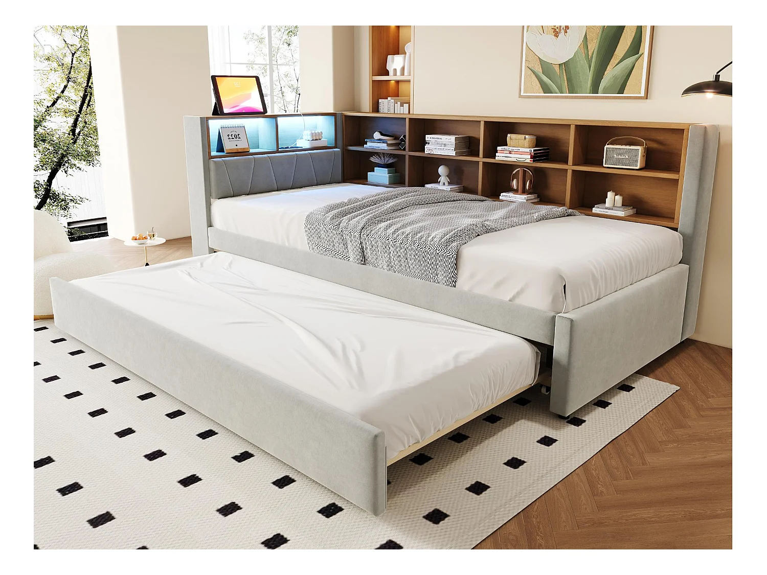 Canapé-lit 90x200 cm - avec lit gigogne 90x190 cm - avec éclairage LED - prise de courant - gris clair (matelas non inclus)