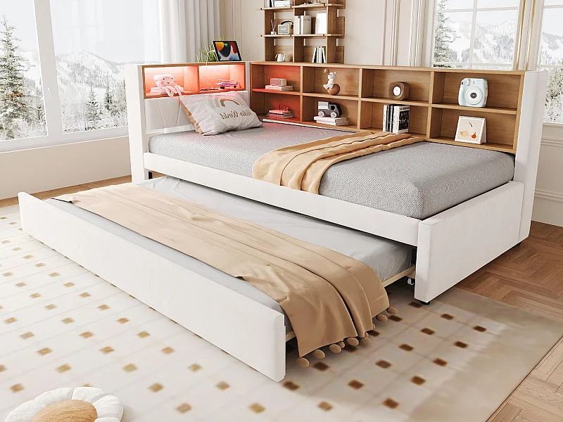 Schlafsofa 90x200 cm - Mit Ausziehbett 90x190 cm - mit LED-Beleuchtung - Steckdose - beige (Matratze nicht inbegriffen)