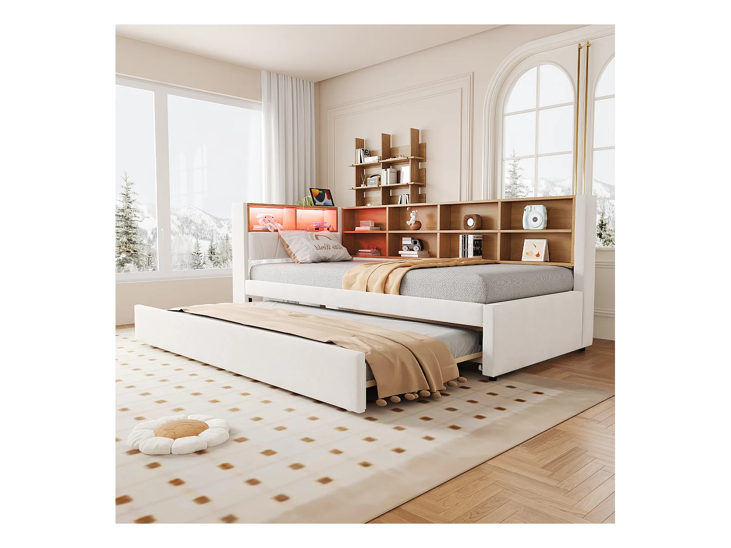 Canapé-lit 90x200 cm - avec lit gigogne 90x190 cm - avec éclairage LED - prise de courant - beige (matelas non inclus)
