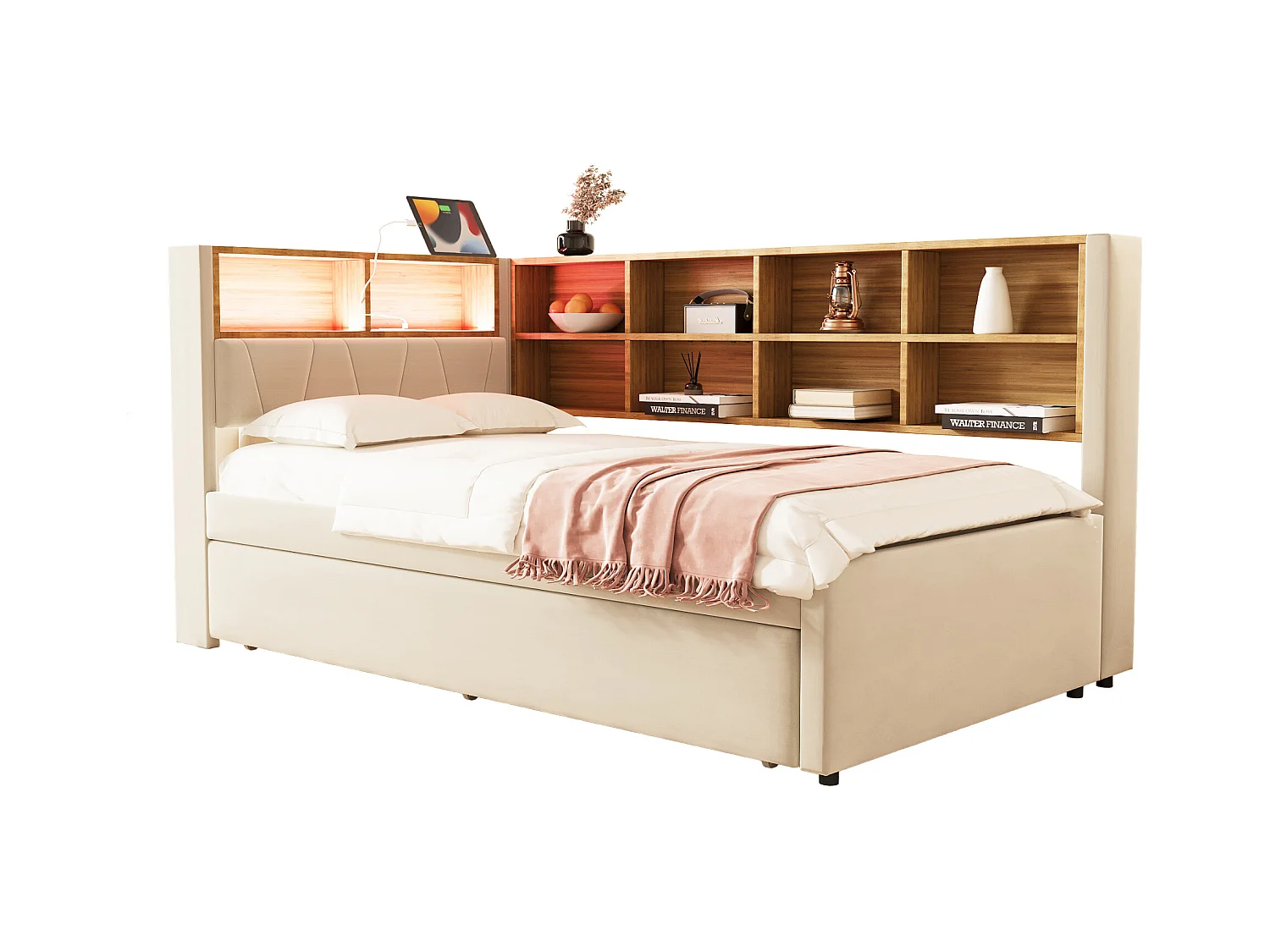 Canapé-lit 90x200 cm - avec lit gigogne 90x190 cm - avec éclairage LED - prise de courant - beige (matelas non inclus)