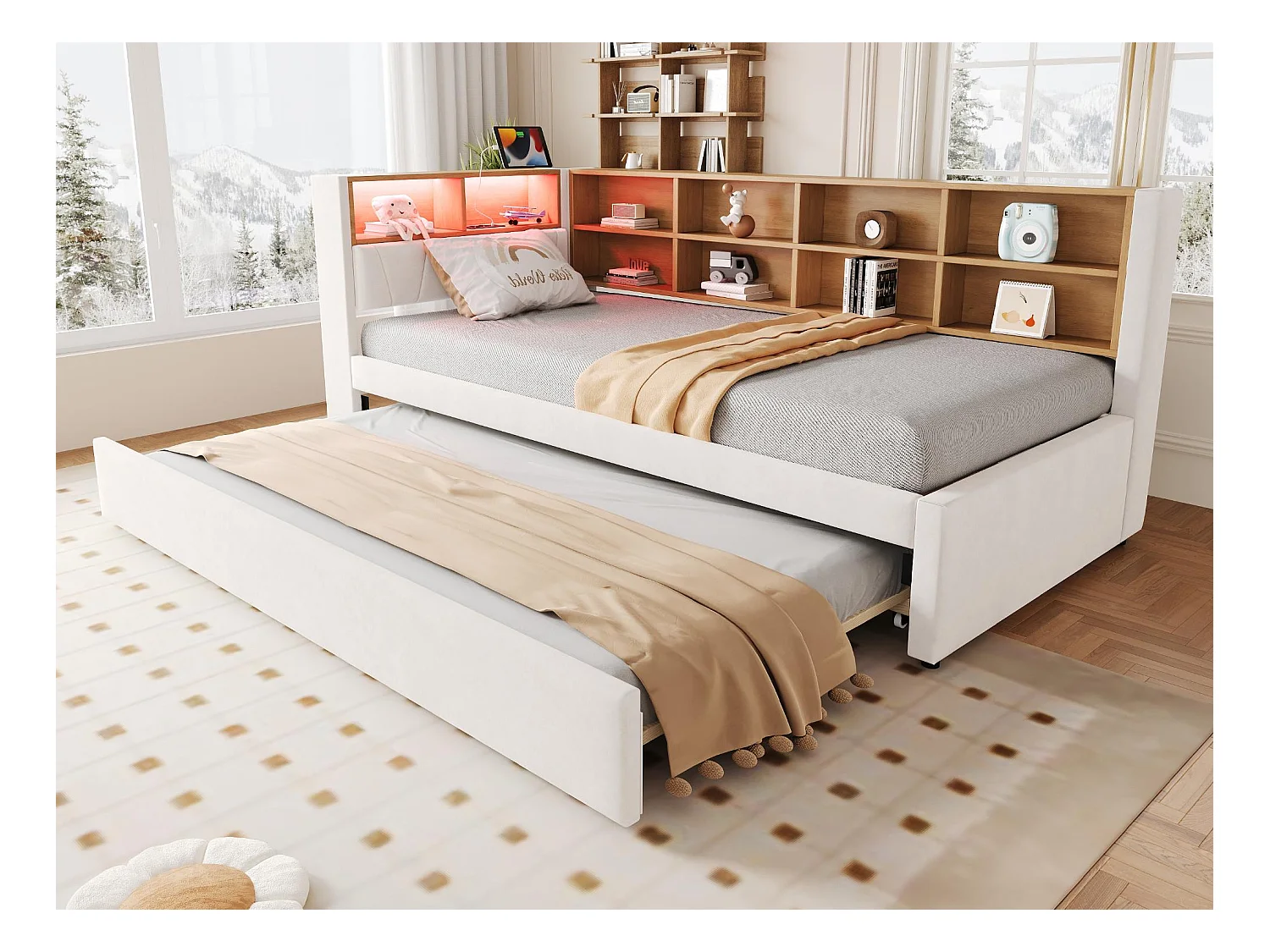 Canapé-lit 90x200 cm - avec lit gigogne 90x190 cm - avec éclairage LED - prise de courant - beige (matelas non inclus)