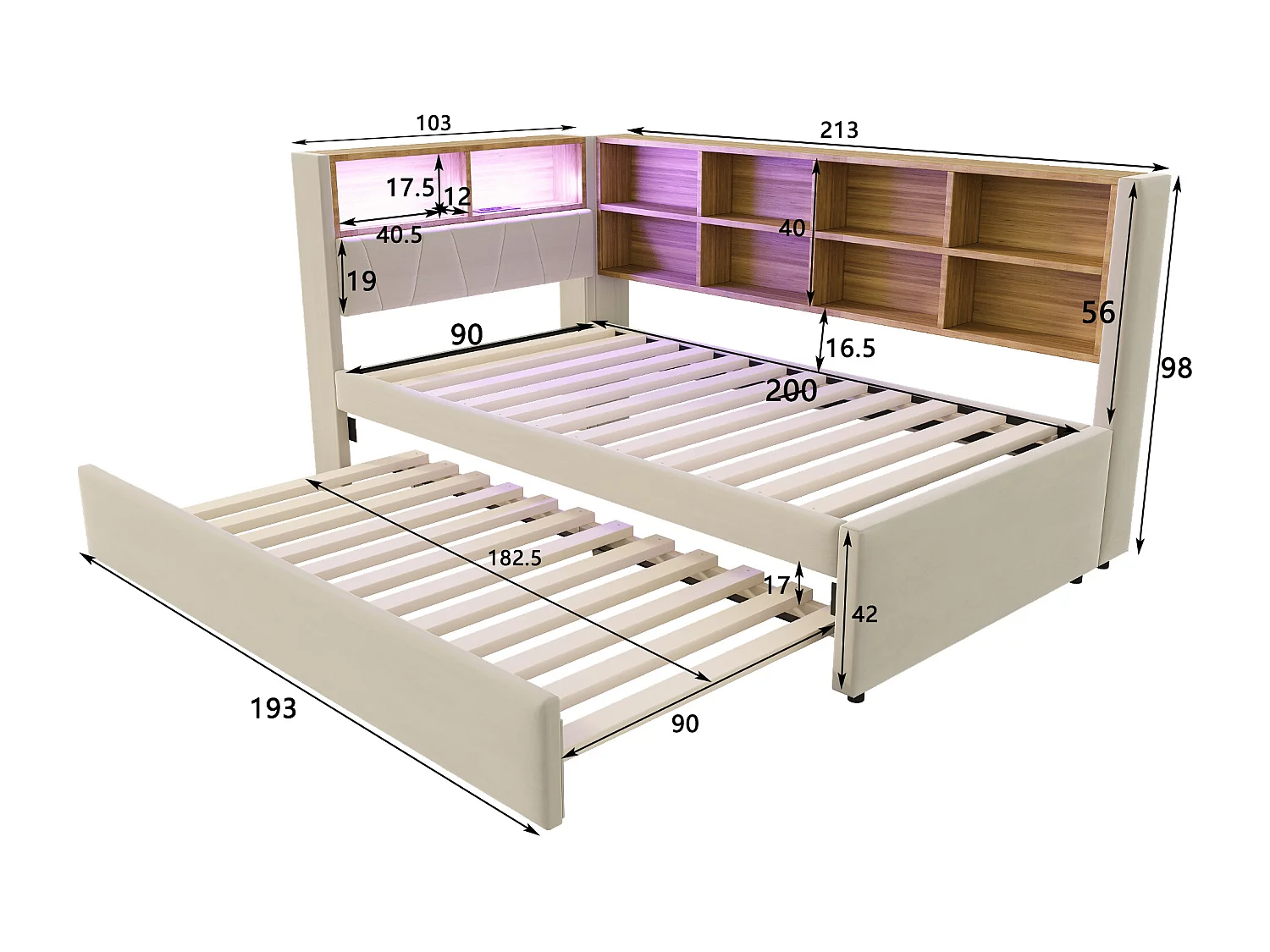 Canapé-lit 90x200 cm - avec lit gigogne 90x190 cm - avec éclairage LED - prise de courant - beige (matelas non inclus)