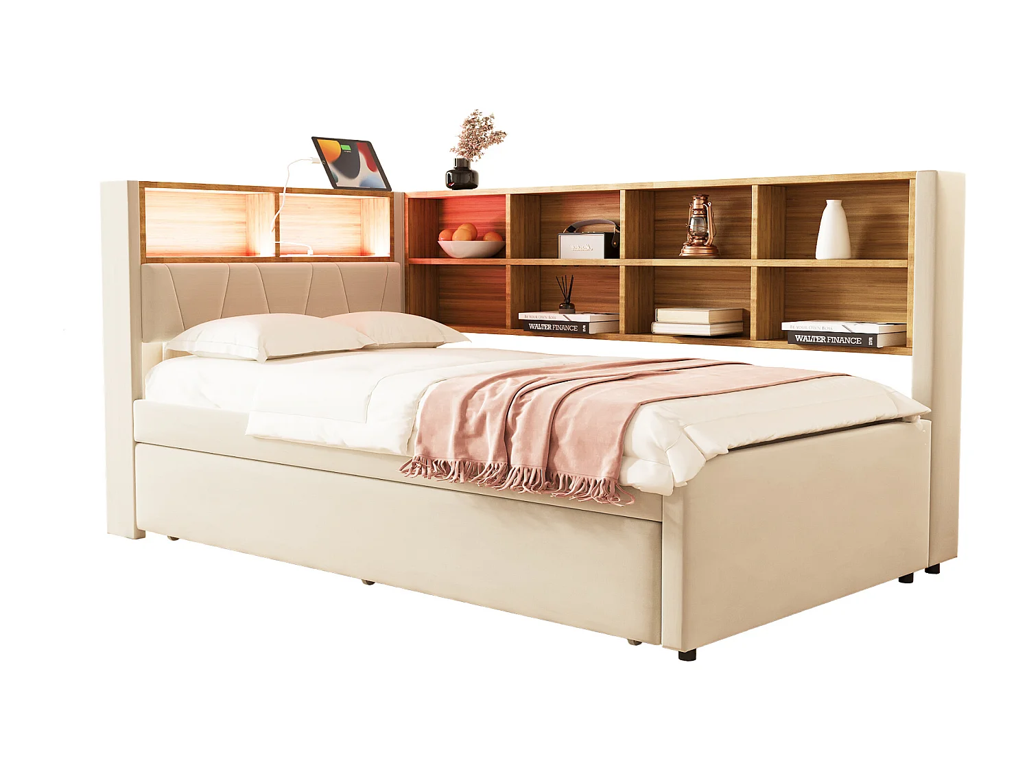 Canapé-lit 90x200 cm - avec lit gigogne 90x190 cm - avec éclairage LED - prise de courant - beige (matelas non inclus)