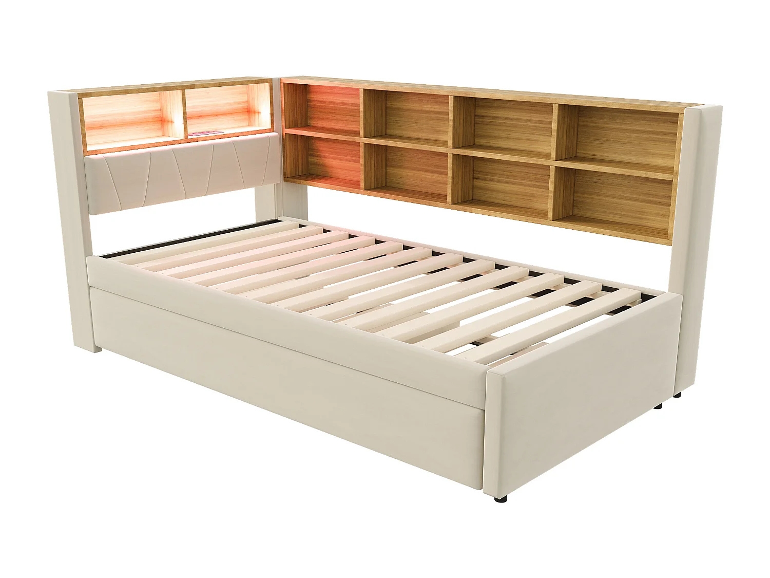 Canapé-lit 90x200 cm - avec lit gigogne 90x190 cm - avec éclairage LED - prise de courant - beige (matelas non inclus)