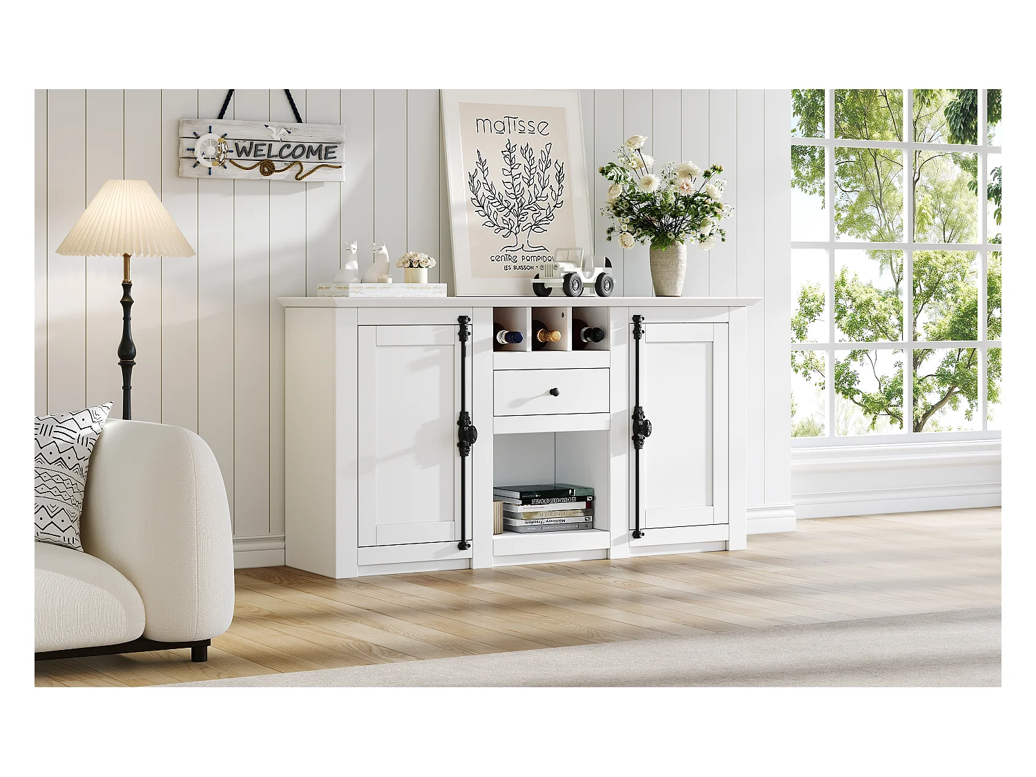 Buffet de salon avec 2 portes et 1 tiroir - 130 x 35 x 70 cm - pour salons et bureaux - MDF + aggloméré - blanc