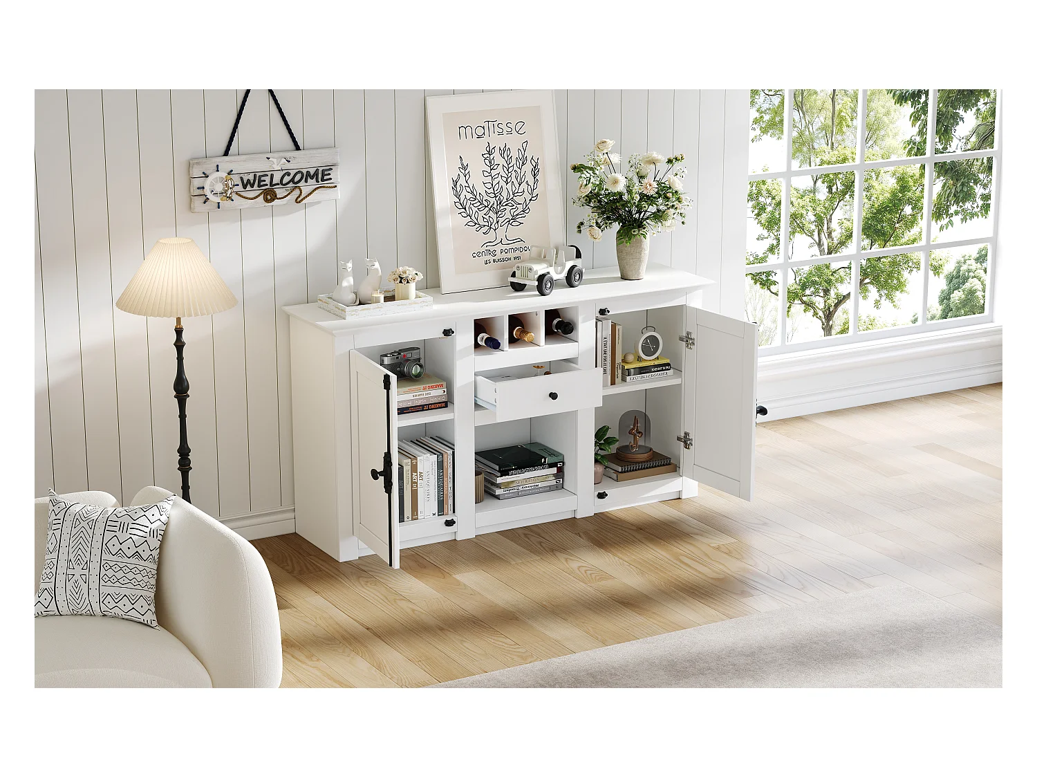 Buffet de salon avec 2 portes et 1 tiroir - 130 x 35 x 70 cm - pour salons et bureaux - MDF + aggloméré - blanc