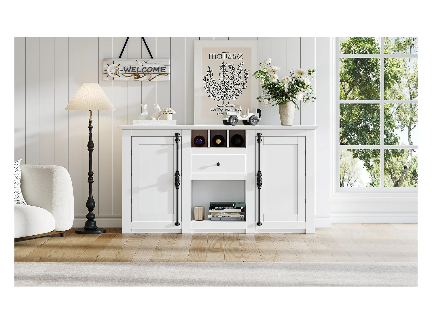 Buffet de salon avec 2 portes et 1 tiroir - 130 x 35 x 70 cm - pour salons et bureaux - MDF + aggloméré - blanc
