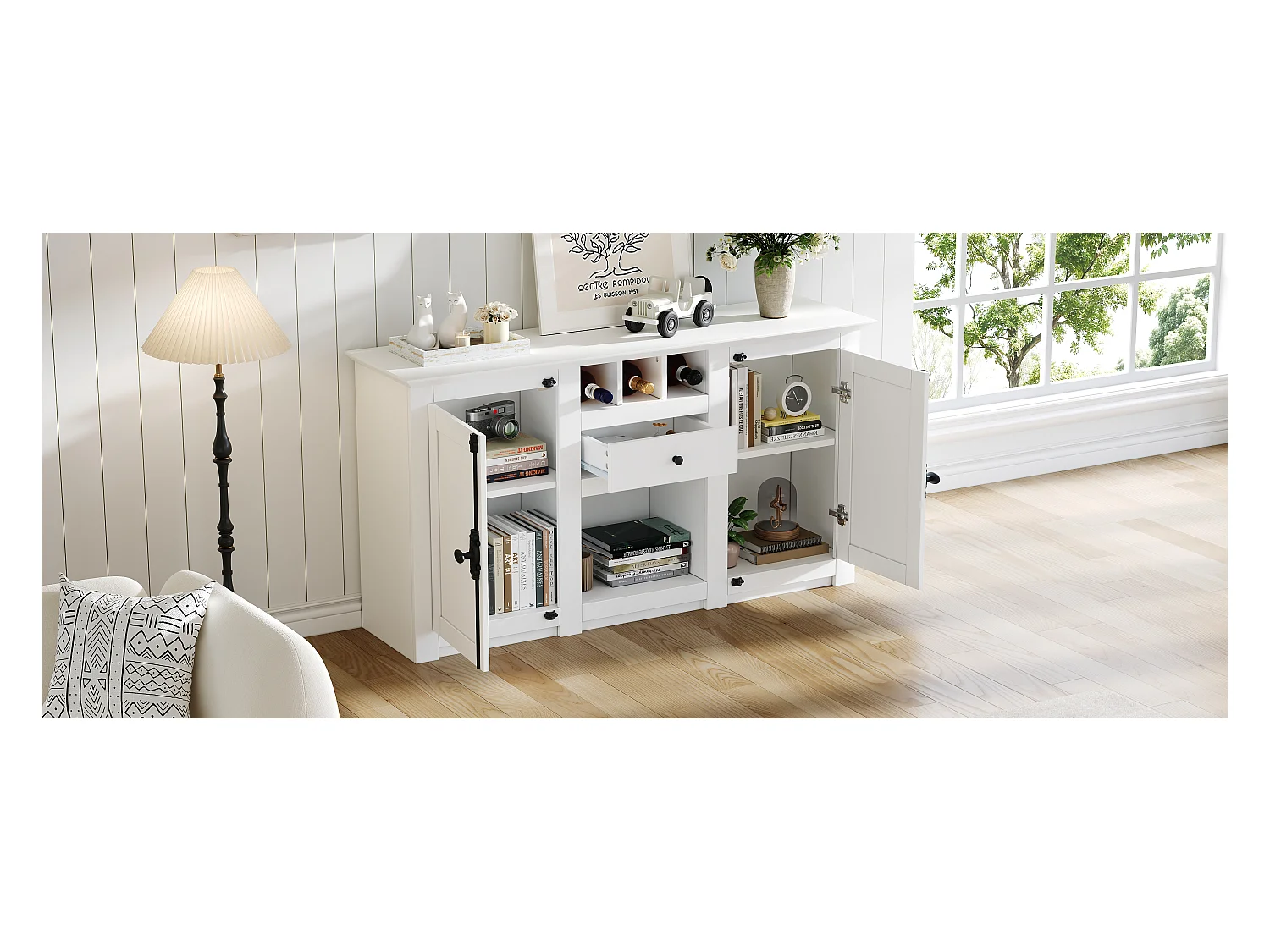 Buffet de salon avec 2 portes et 1 tiroir - 130 x 35 x 70 cm - pour salons et bureaux - MDF + aggloméré - blanc
