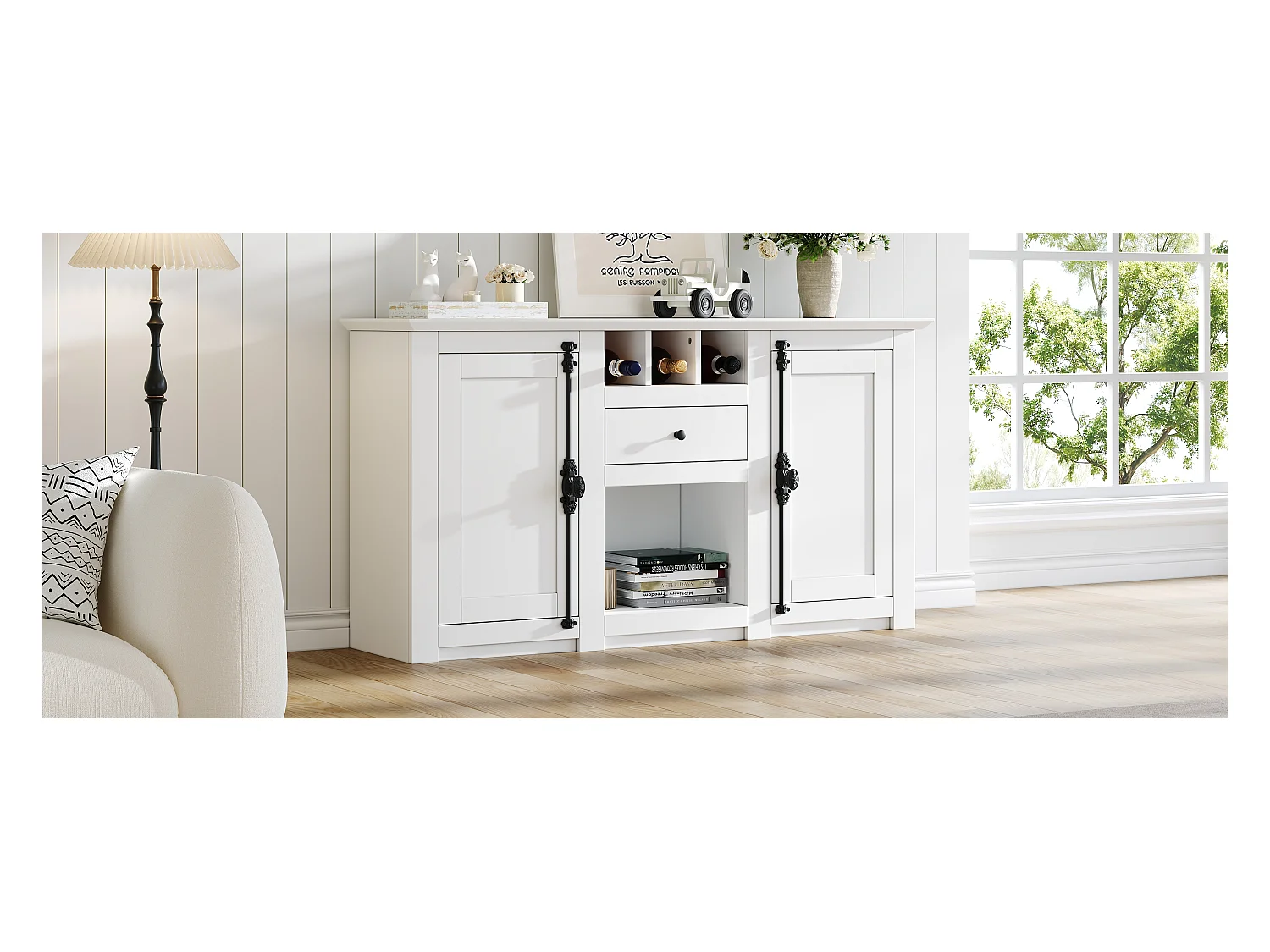 Buffet de salon avec 2 portes et 1 tiroir - 130 x 35 x 70 cm - pour salons et bureaux - MDF + aggloméré - blanc